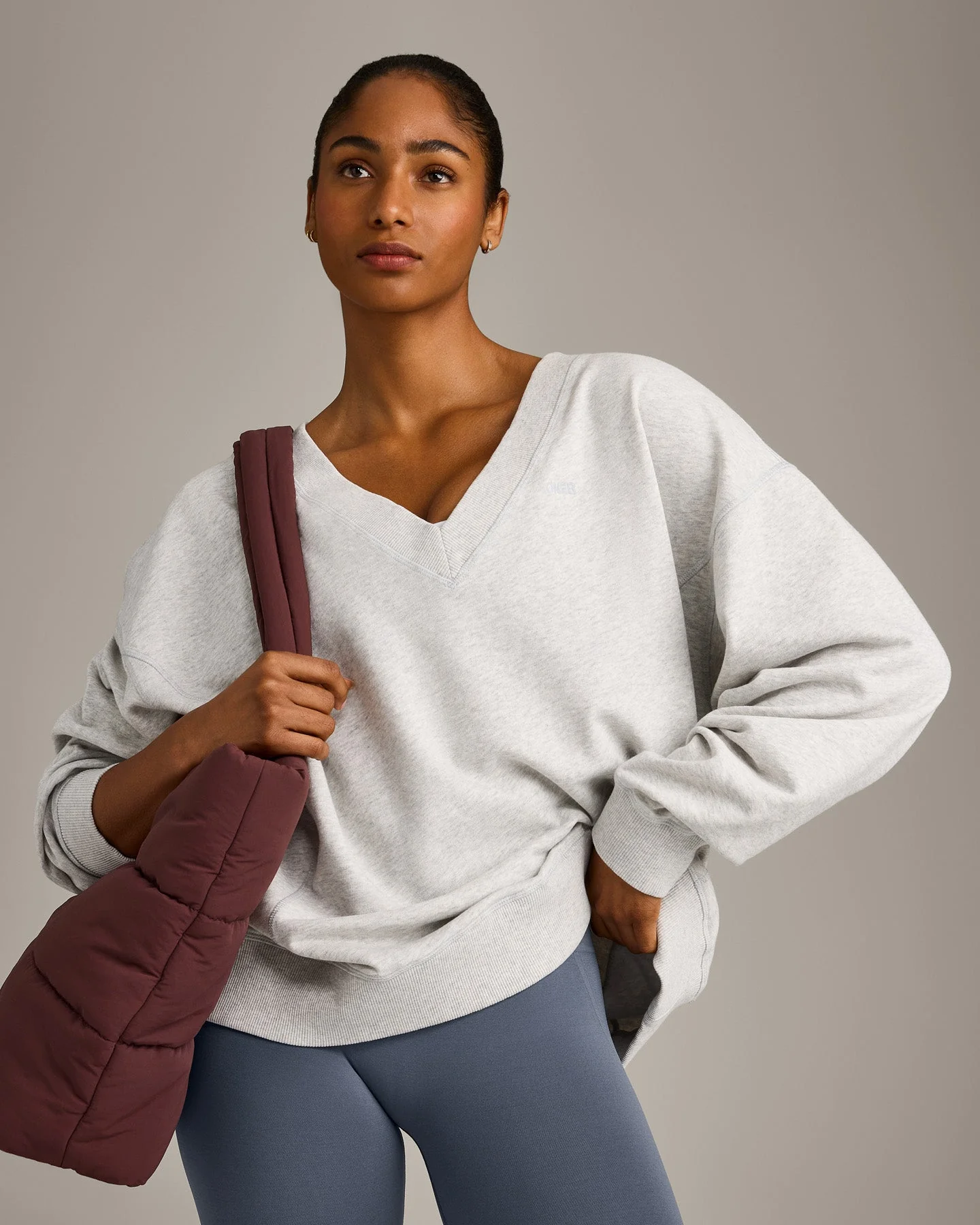 Cotton Vintage Lounge V Neck Sweatshirt | Light Grey Marl - Image 4