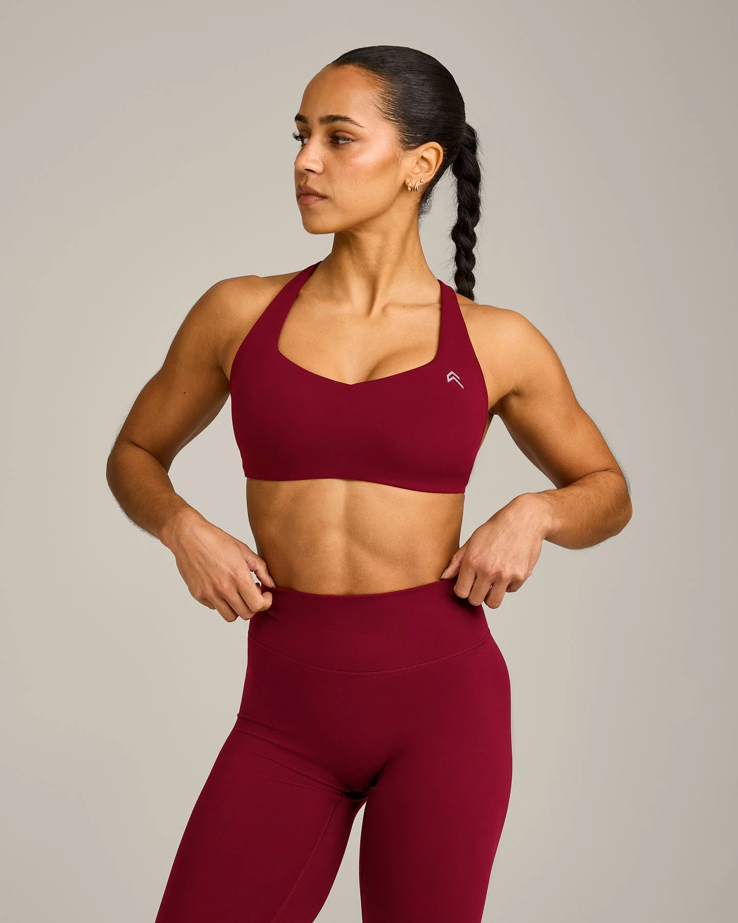 EasyLift™ Cross Back Sports Bra with Grey Logo | Ruby Red