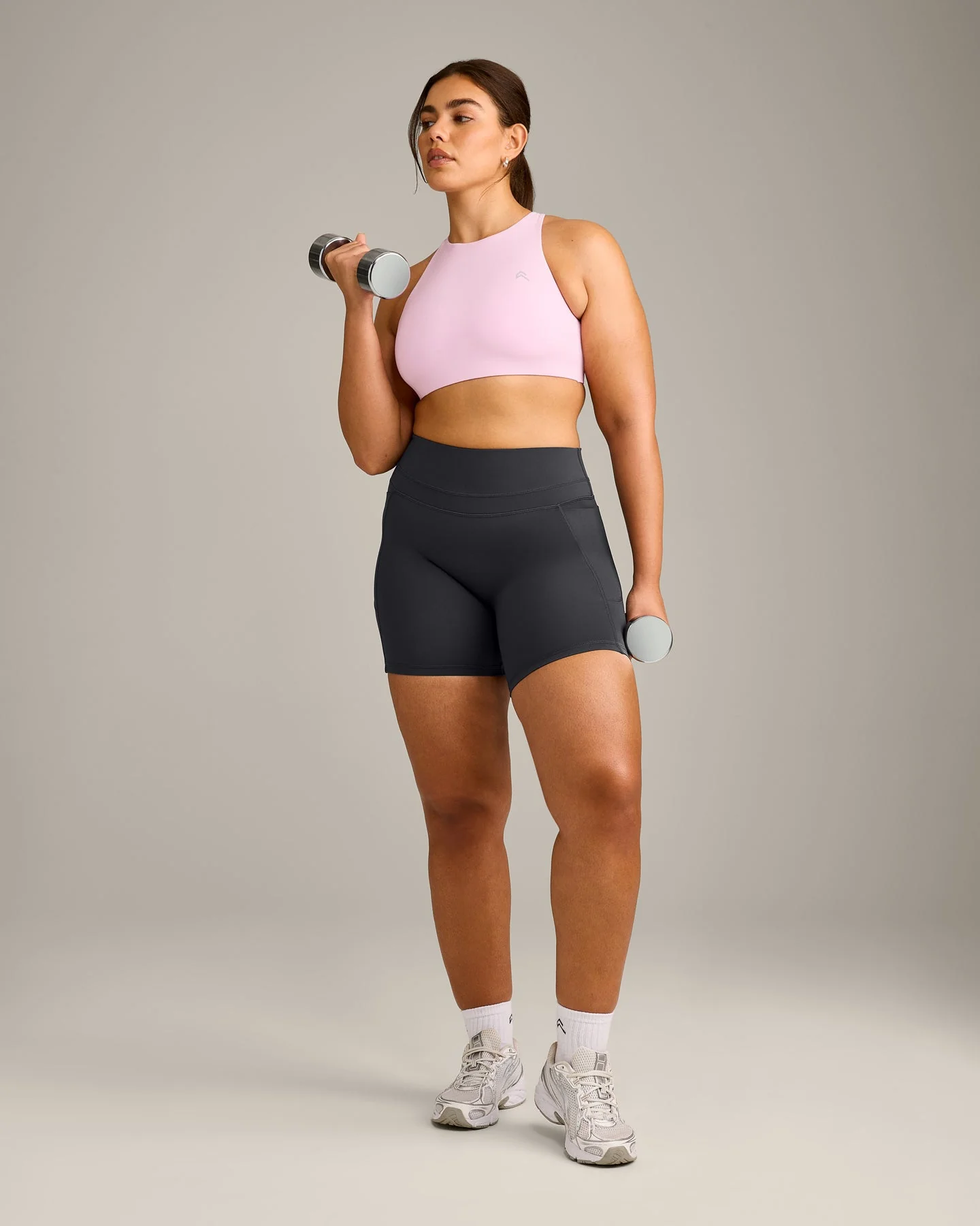 EasyLift™ High Neck Sports Bra with Grey Logo | Chalk Pink - Image 3