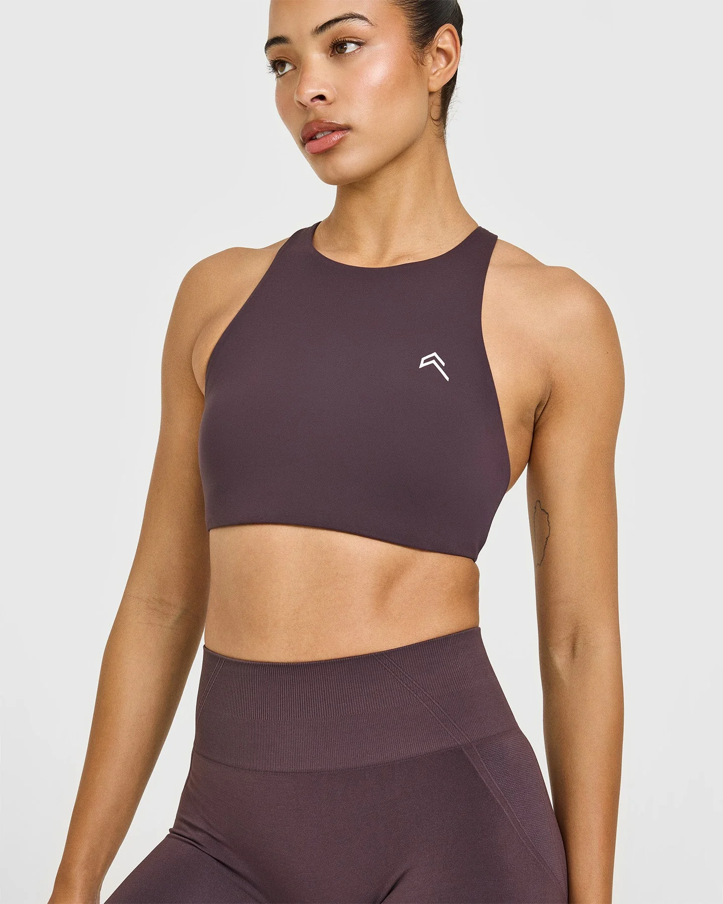 EasyLift™ High Neck Sports Bra with White Logo | Dark Umber Brown - Image 5