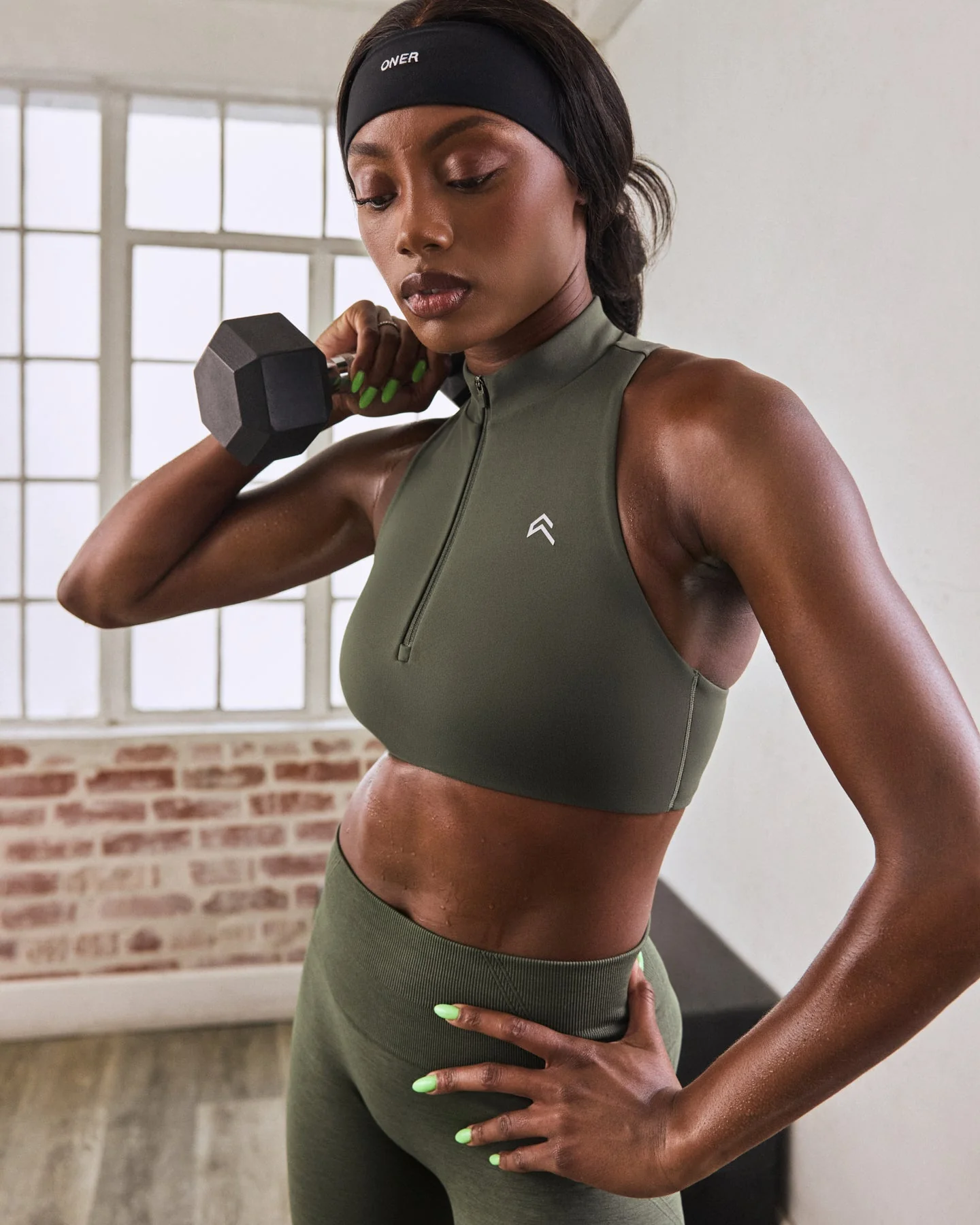 EasyLift™ Zip High Neck Sports Bra with Grey Logo | Dark Khaki - Image 2
