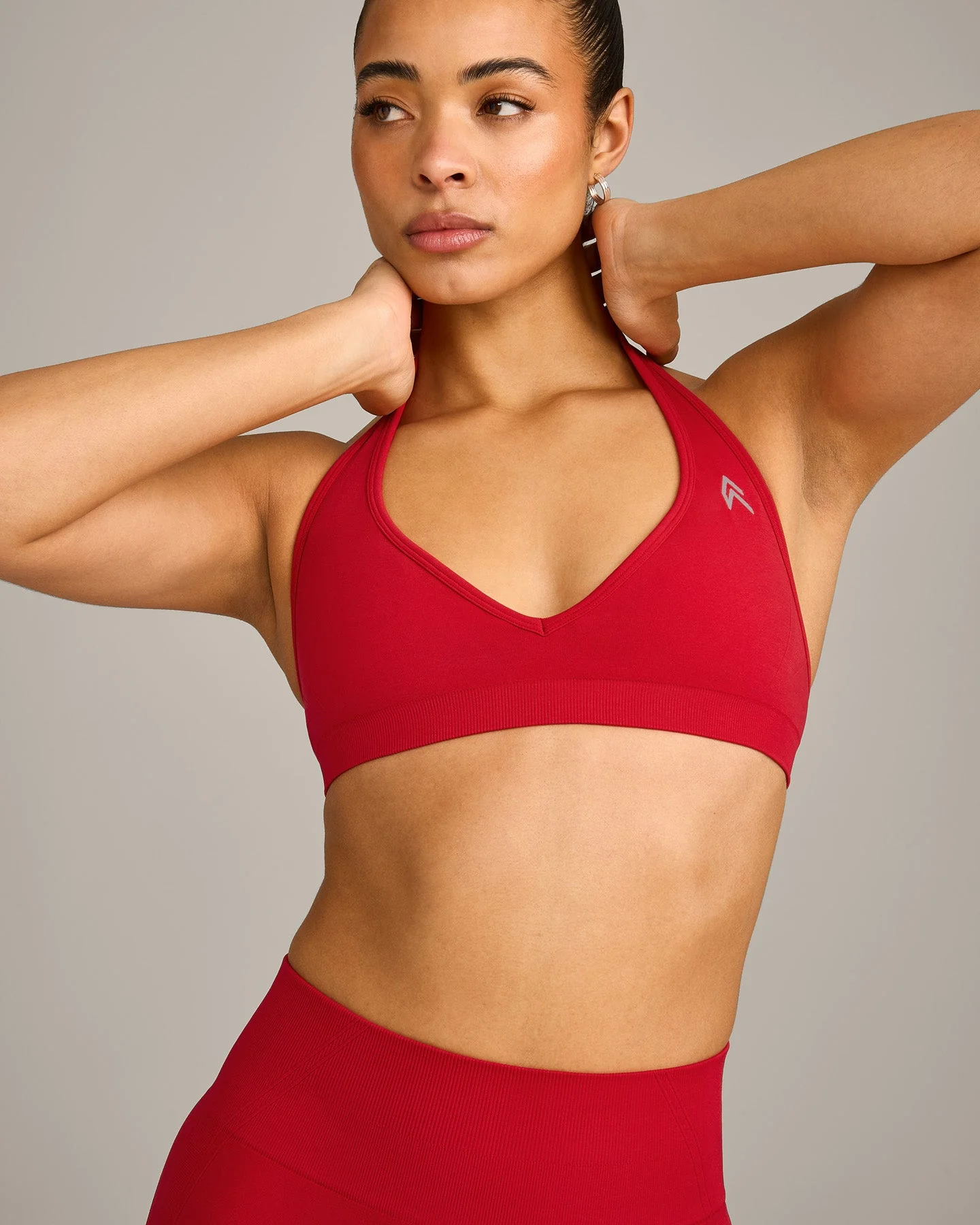 EffortlessLift™ Seamless Halter Neck Sports Bra with Grey Logo | Fiery Red - Image 5