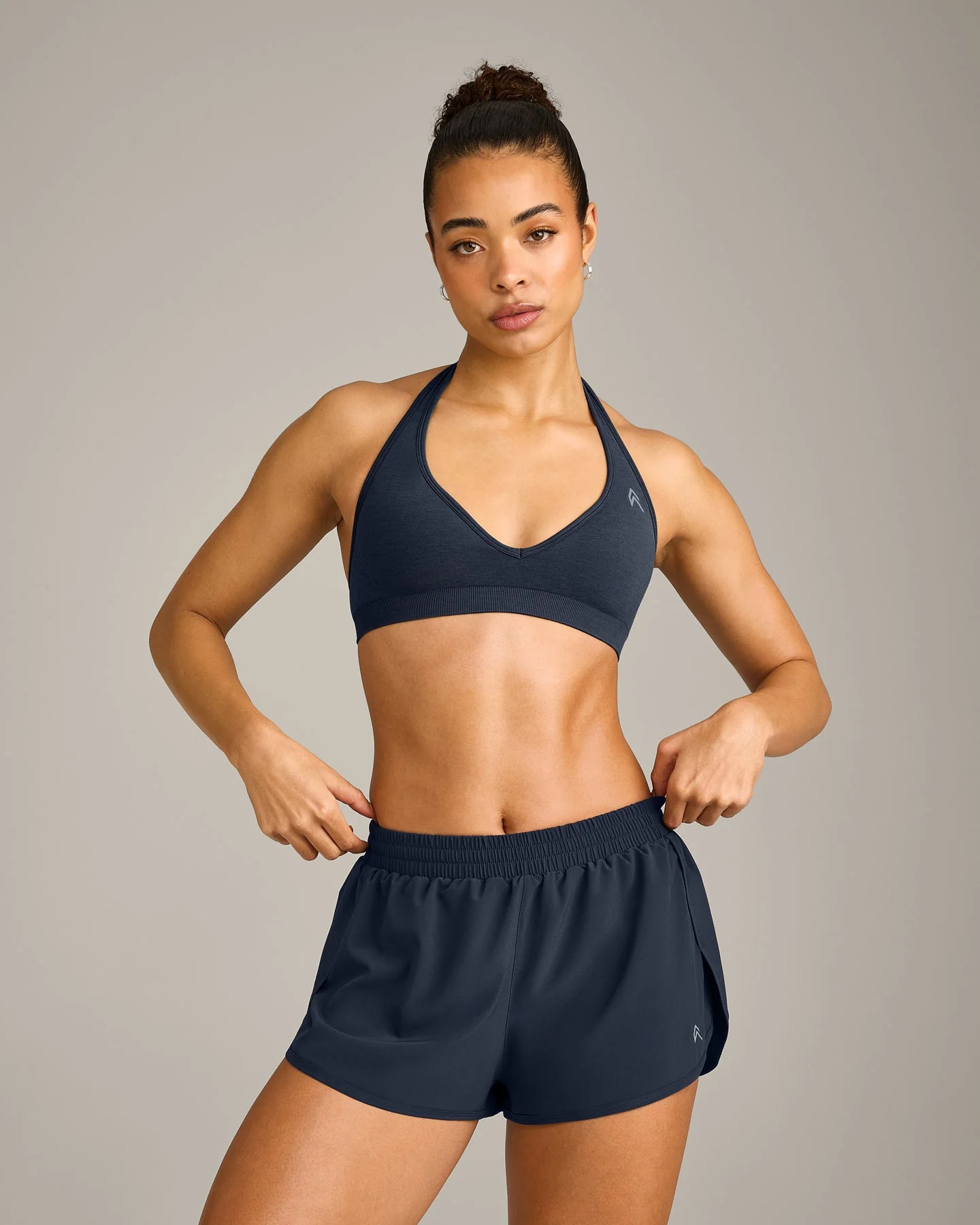 EffortlessLift™ Seamless Halter Neck Sports Bra with Grey Logo | True Blue