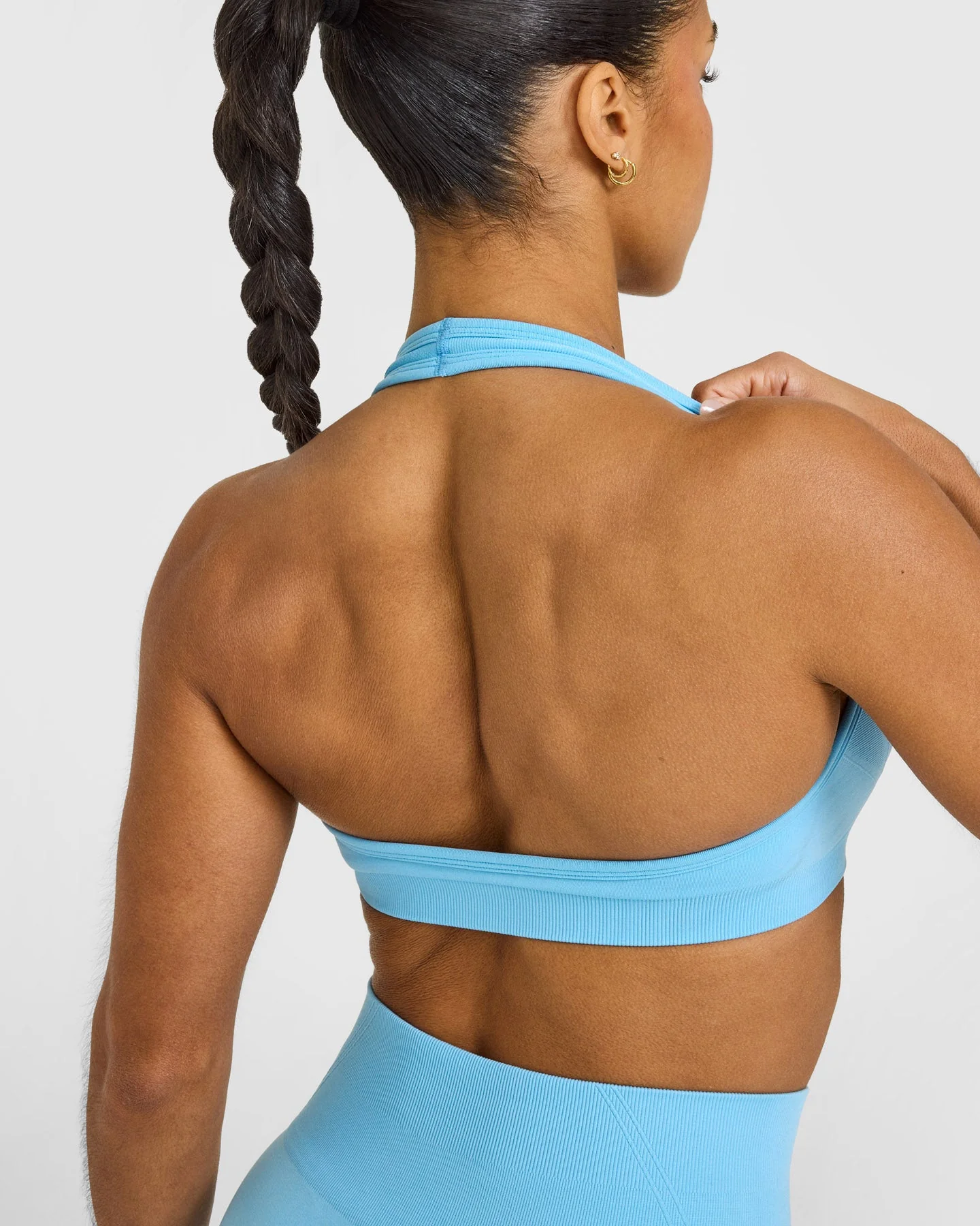 EffortlessLift™ Seamless Halter Neck Sports Bra with White Logo | Arctic Blue - Image 4
