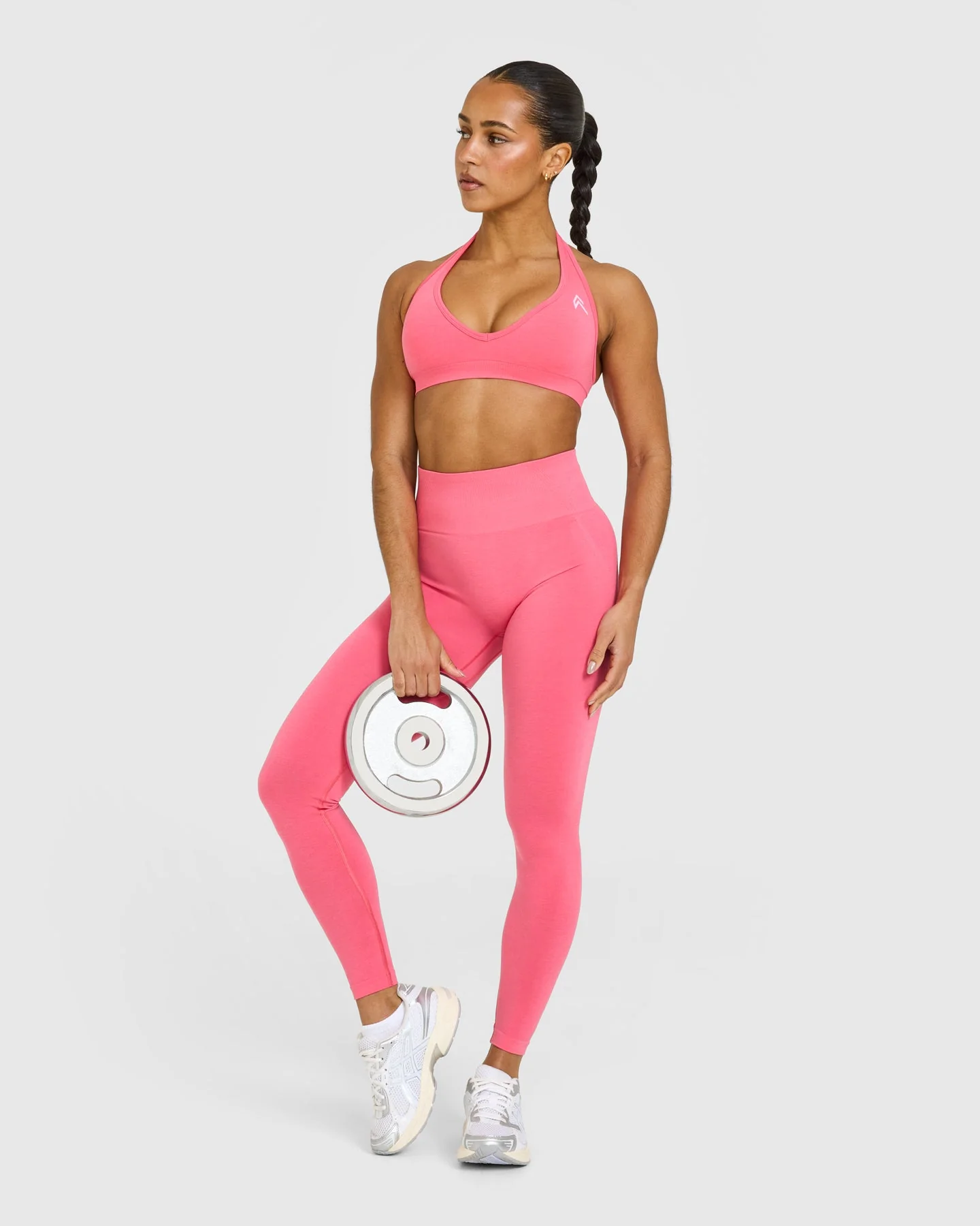 EffortlessLift™ Seamless Halter Neck Sports Bra with White Logo | Hot Girl Pink - Image 3