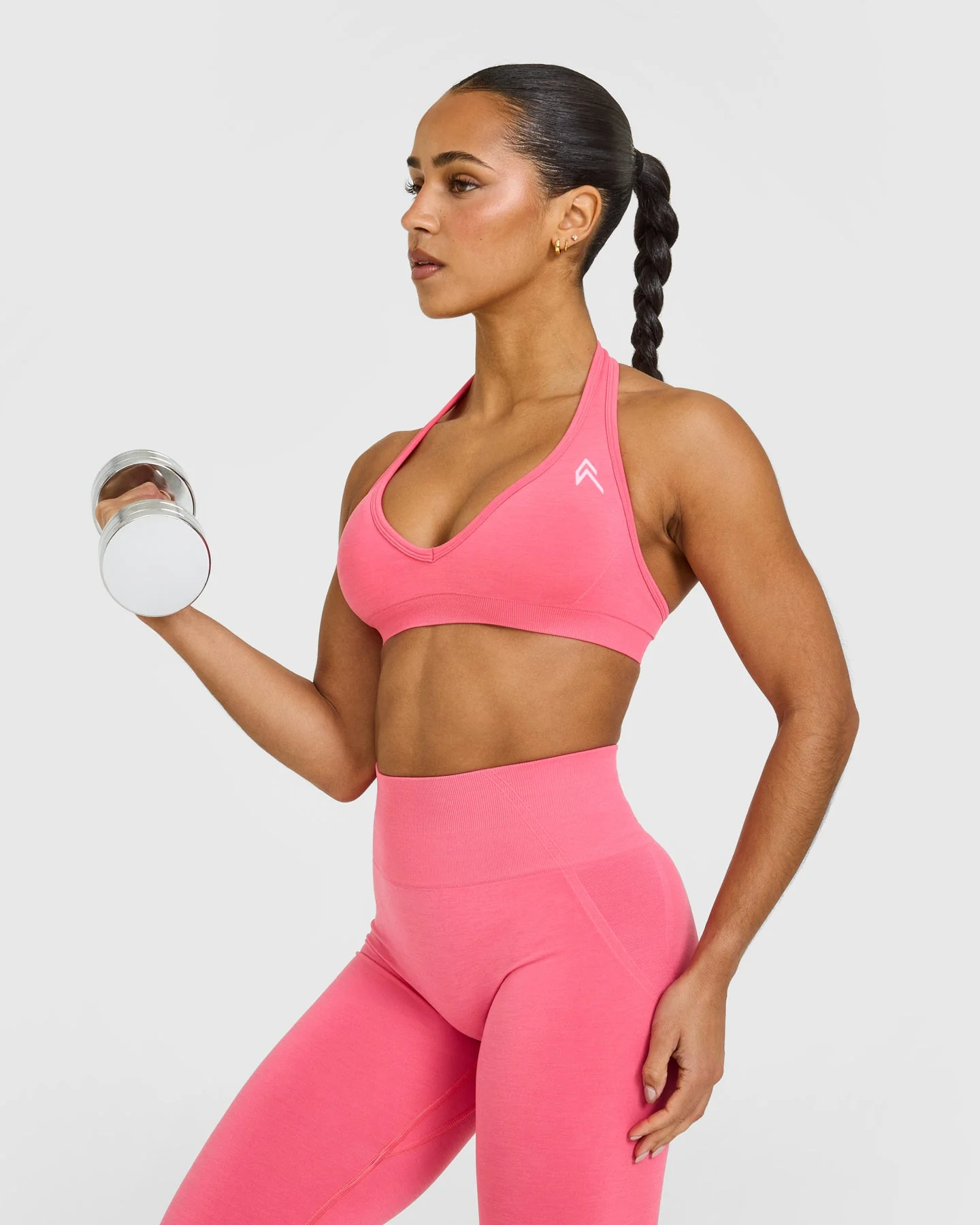 EffortlessLift™ Seamless Halter Neck Sports Bra with White Logo | Hot Girl Pink - Image 5