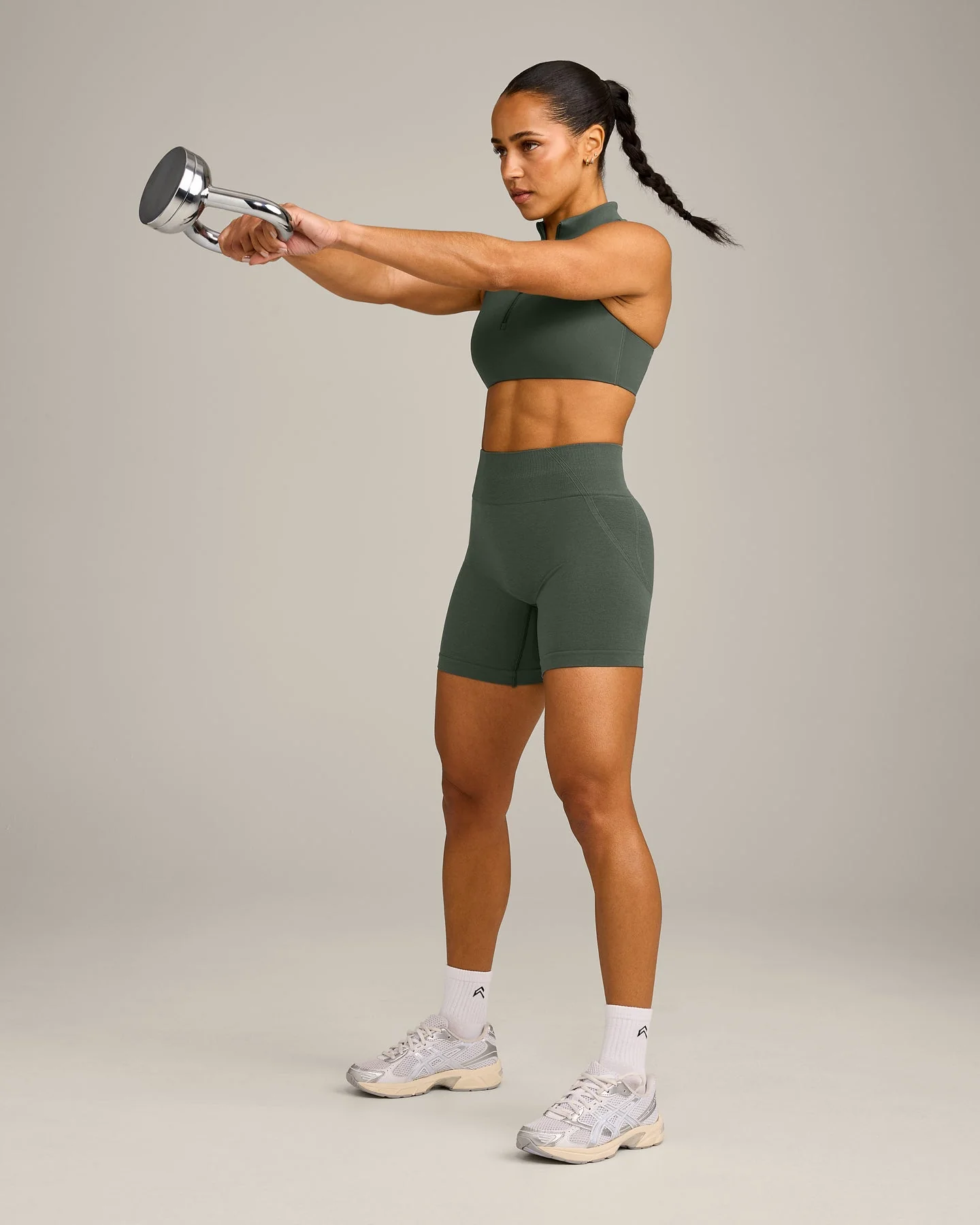EffortlessLift™ Seamless Mid Rise Shorts with Grey Logo | Dark Khaki - Image 3