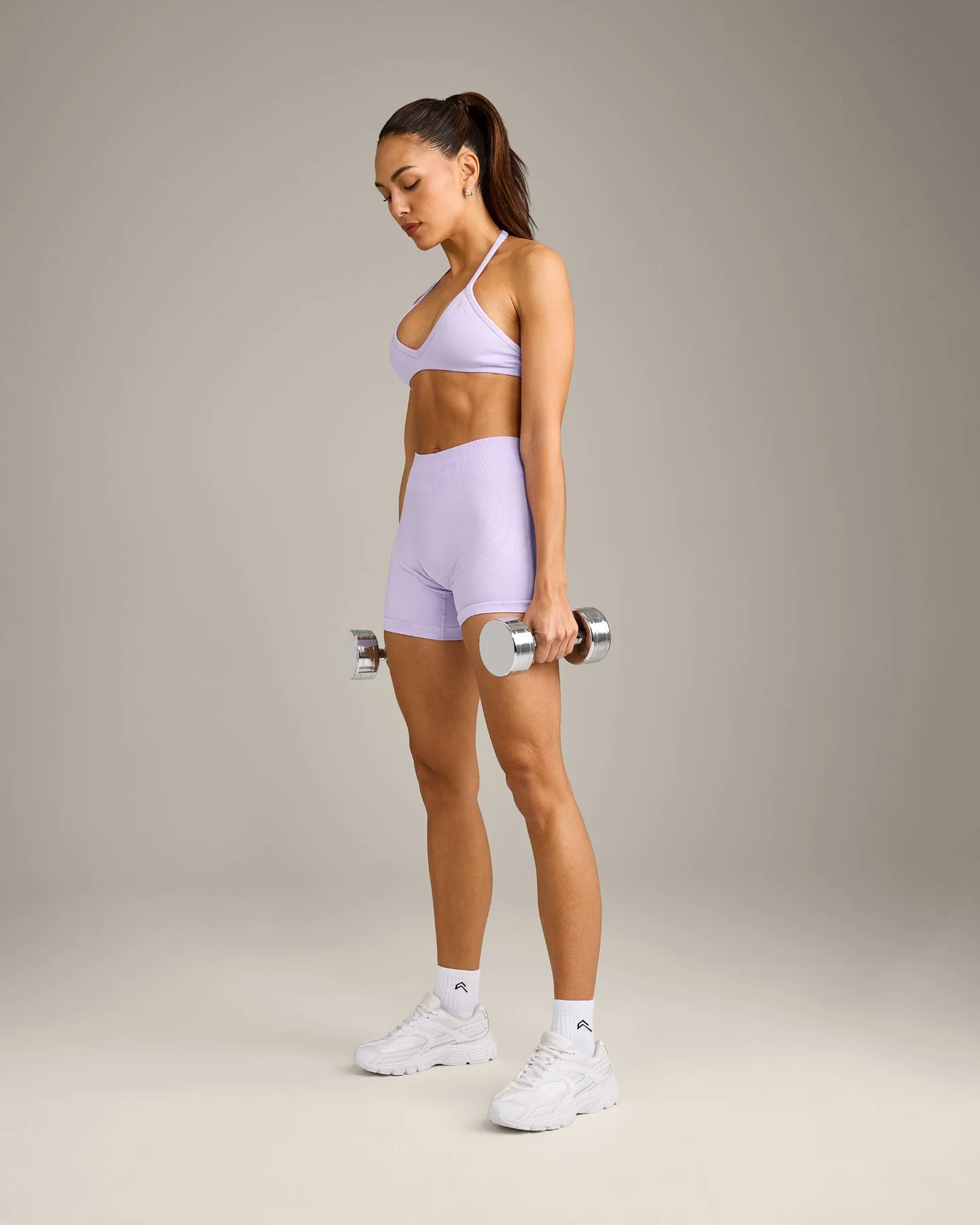 EnhanceLift™ Seamless Minimal Halter Neck Bralette with Grey Logo | Lavender Purple - Image 3
