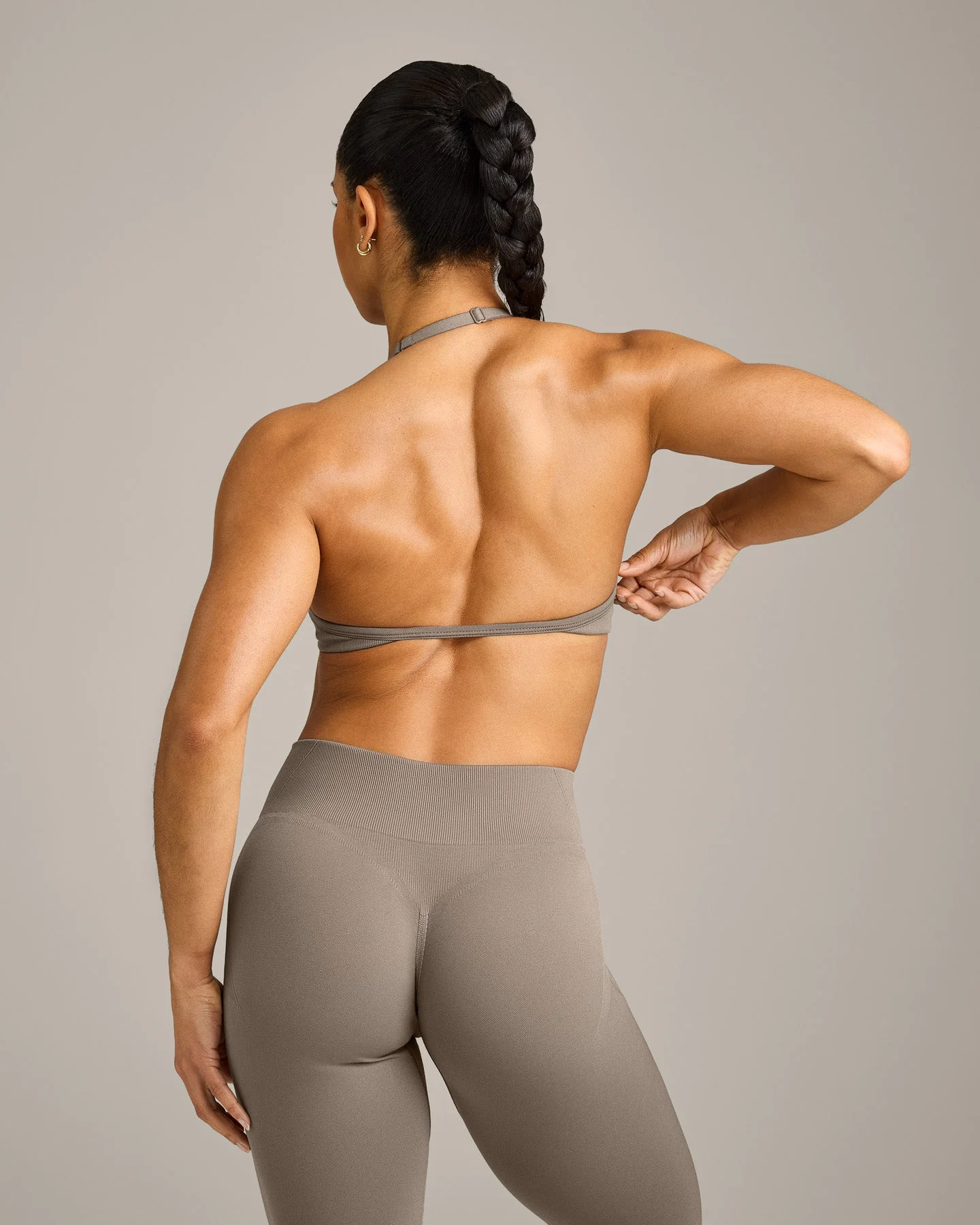 EnhanceLift™ Seamless Minimal Halter Neck Bralette with Grey Logo | Warm Minky - Image 6