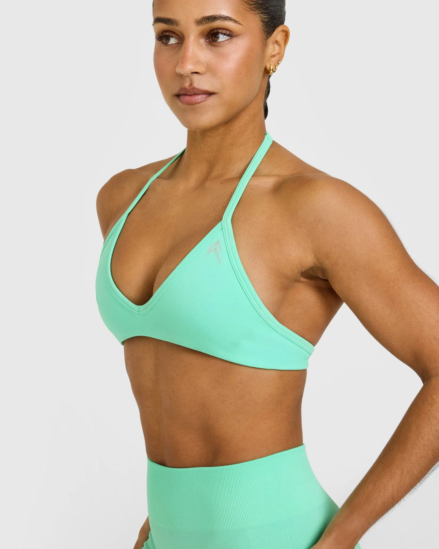 EnhanceLift™ Seamless Minimal Halter Neck Bralette with White Logo | Peppermint Green - Image 5