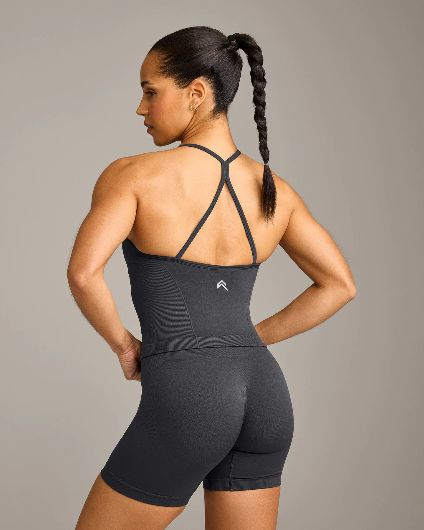EnhanceLift™ Seamless Strappy Racer Vest with Built in Bra Shelf with Grey Logo | Coal - Image 2