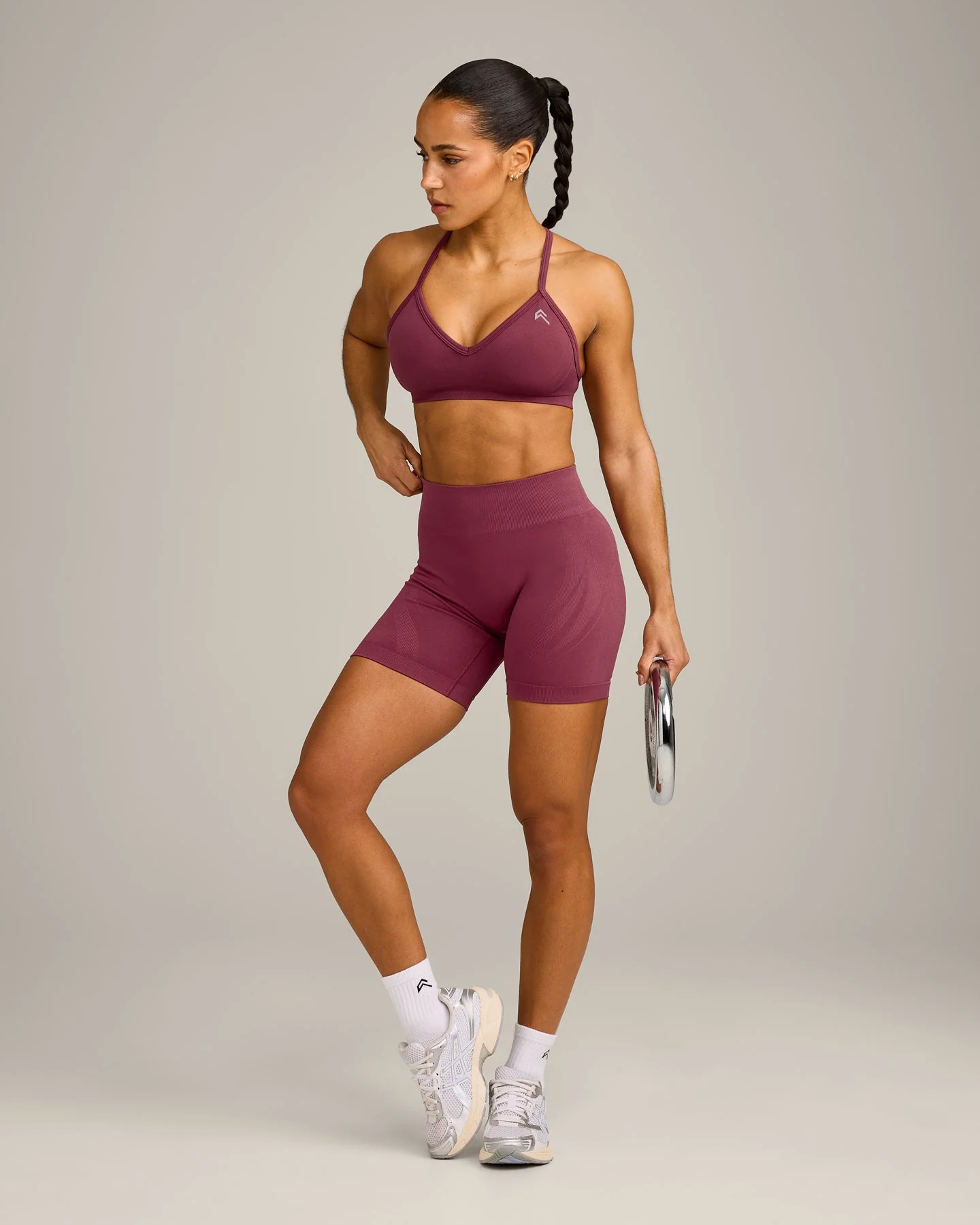 EnhanceLift™ Seamless Strappy Sports Bra with Grey Logo | Burnt Maroon - Image 3