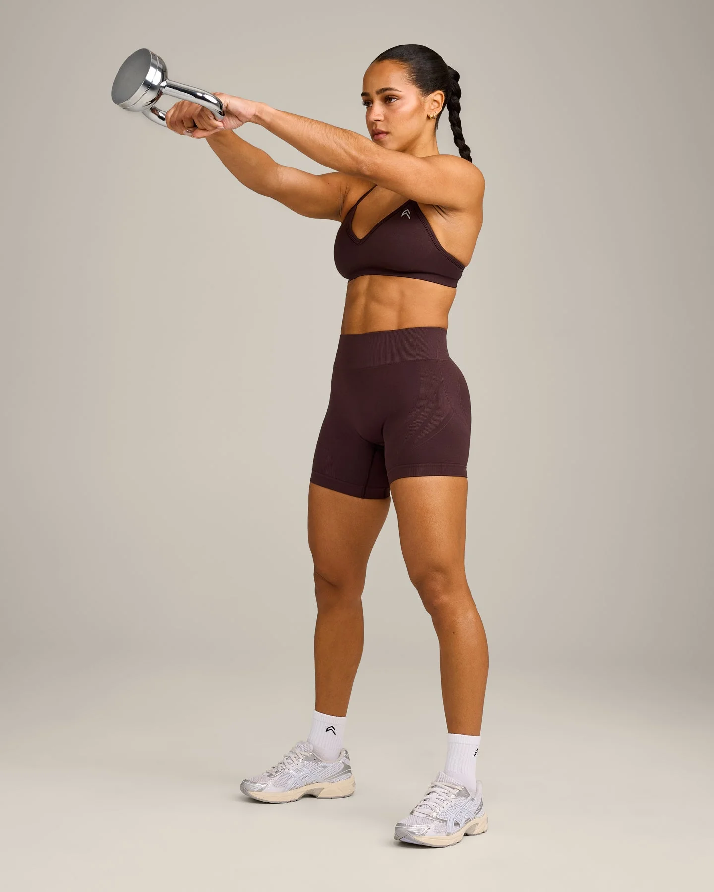 EnhanceLift™ Seamless Strappy Sports Bra with Grey Logo | Plum Brown - Image 3