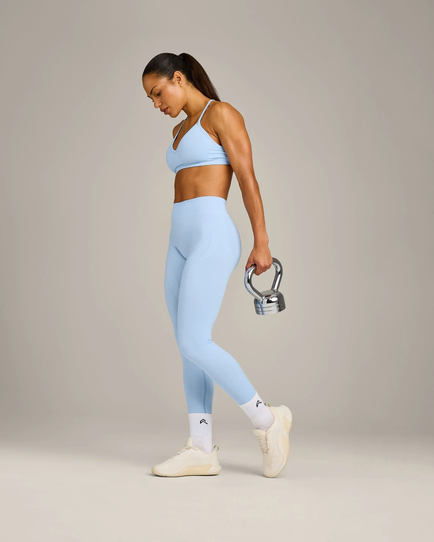 EnhanceLift™ Seamless Strappy Sports Bra with Grey Logo | Powdered Blue - Image 3