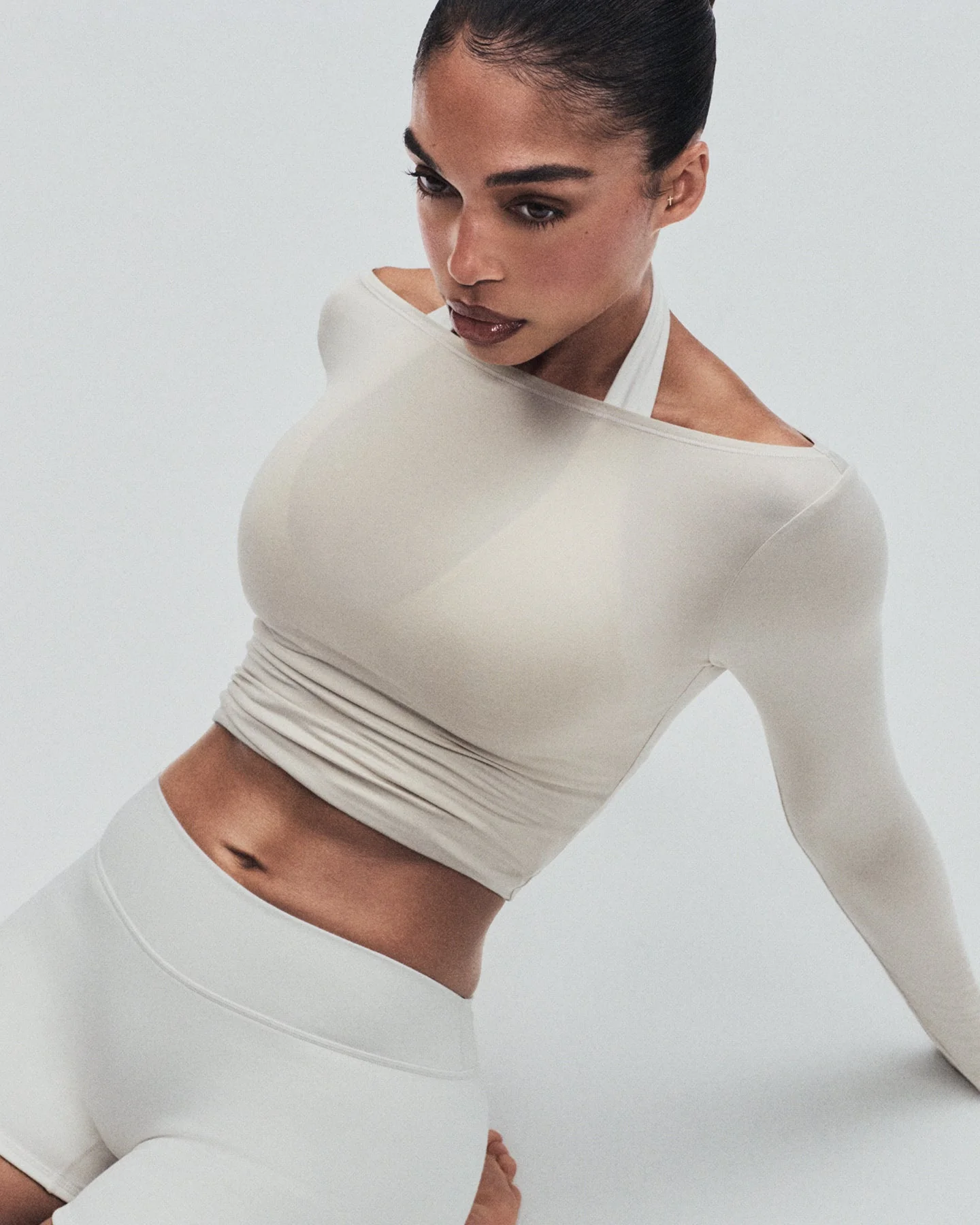 FormeSoft™ Fitted Off-The-Shoulder Long Sleeve Top | Oatmeal - Image 2
