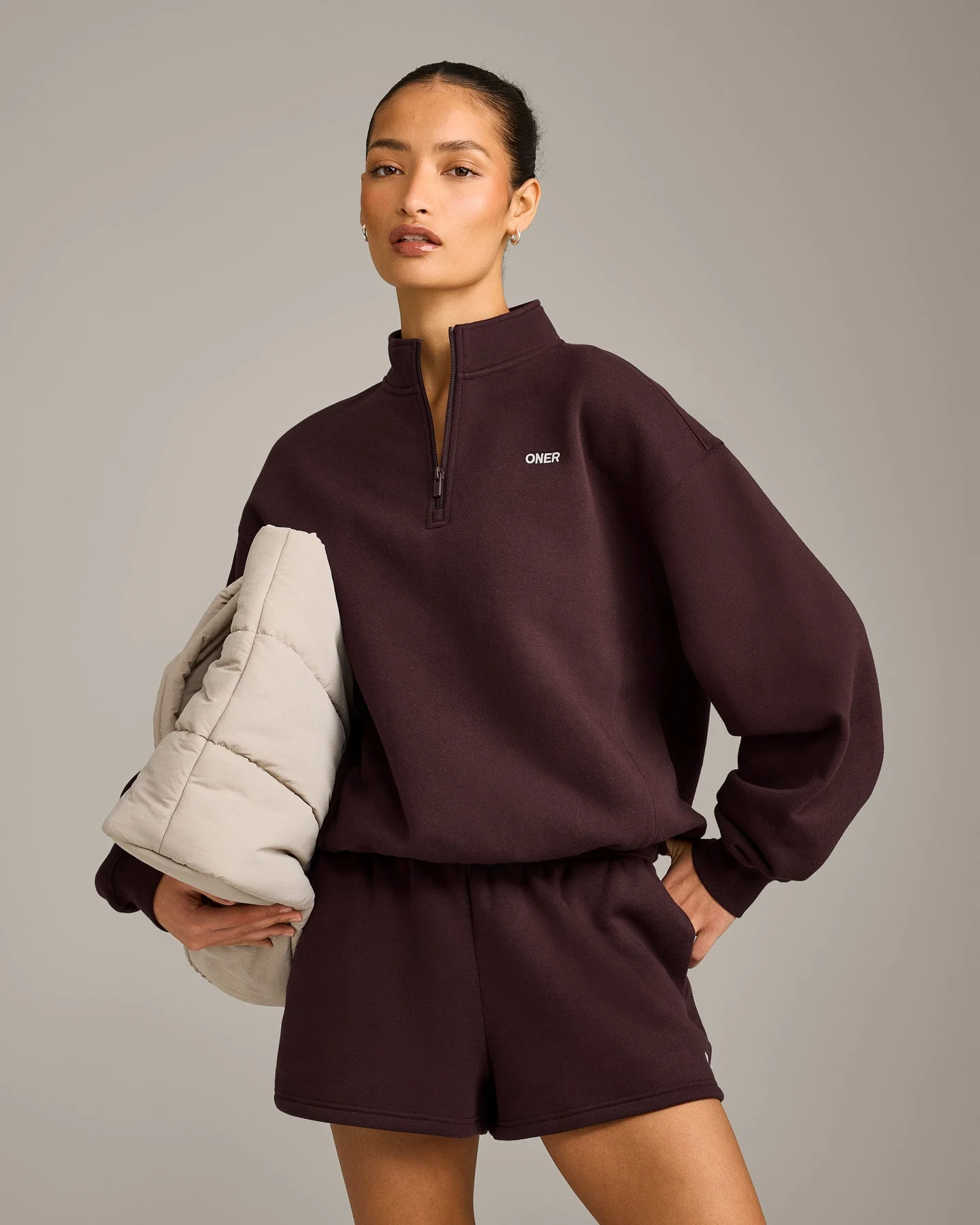 Foundations Cosy 1/4 Zip Sweatshirt | Plum Brown