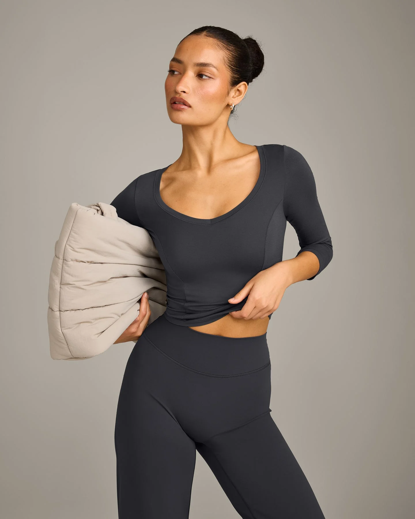 Mellow™ Motion Wide V Neck 3/4 Length Sleeve Mid Top | Coal - Image 4