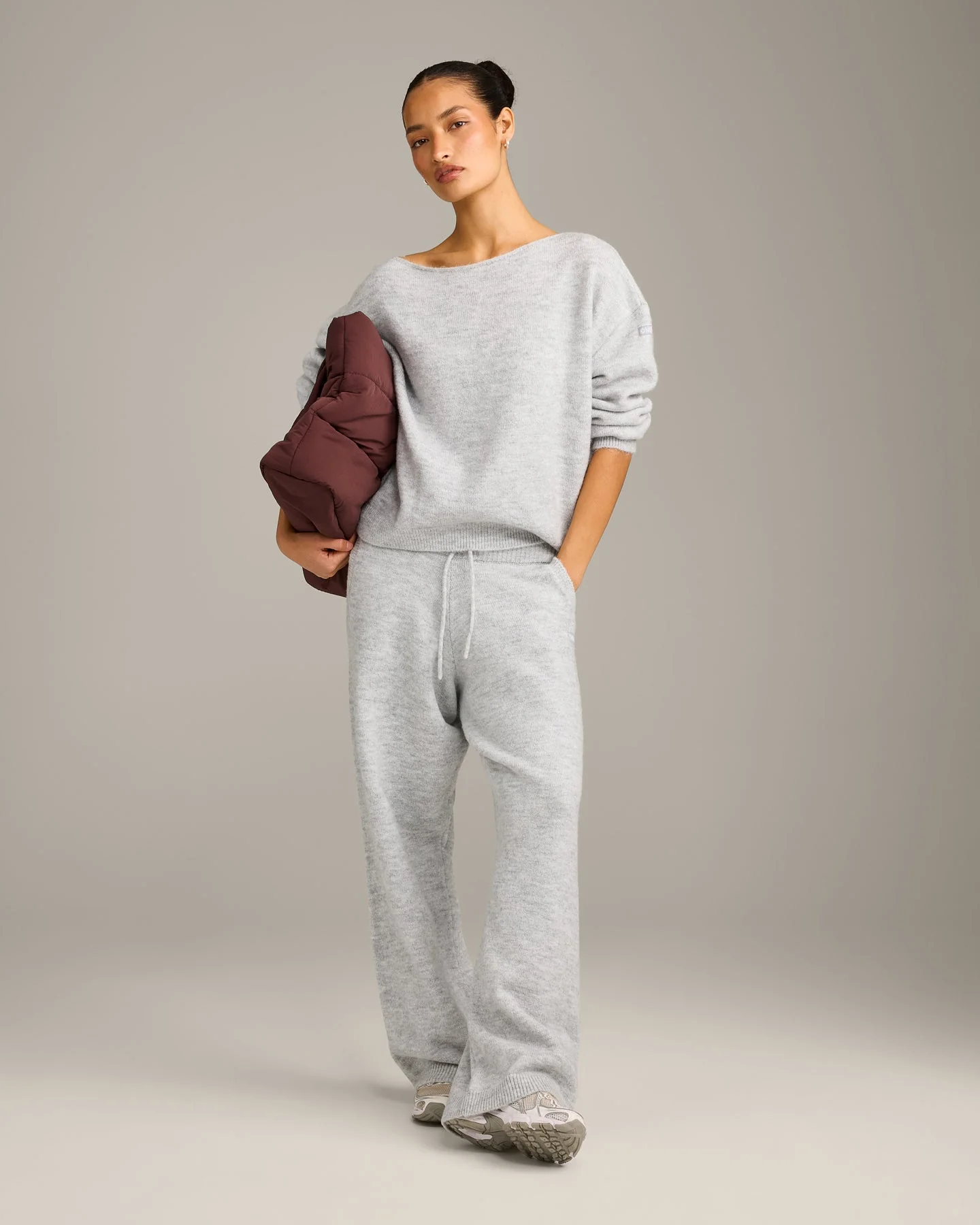 Oversized Knit Off-The-Shoulder Sweater | Light Grey Marl - Image 3