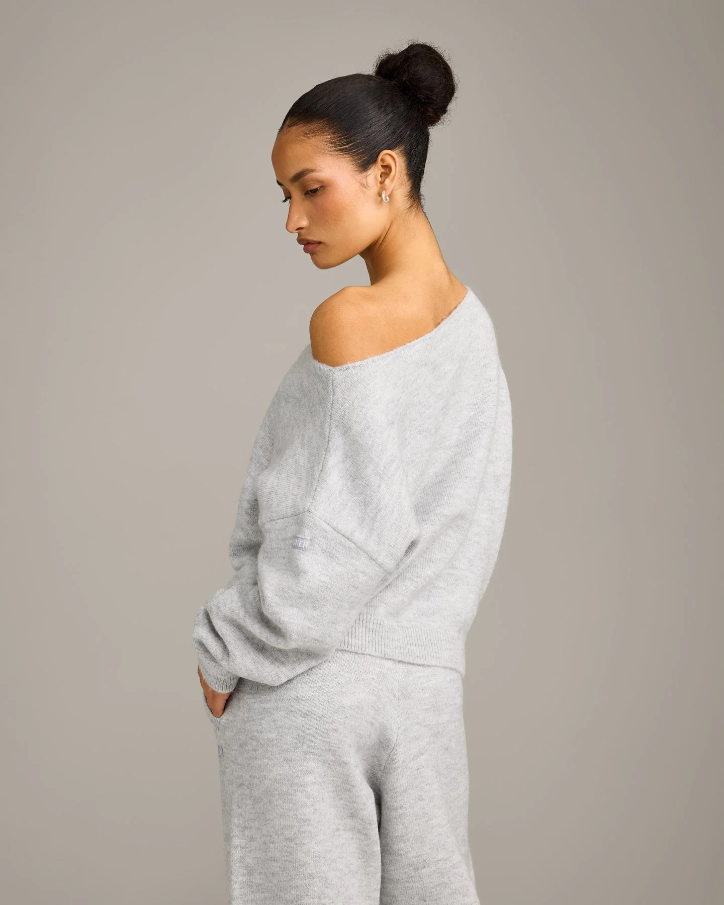 Oversized Knit Off-The-Shoulder Sweater | Light Grey Marl - Image 4