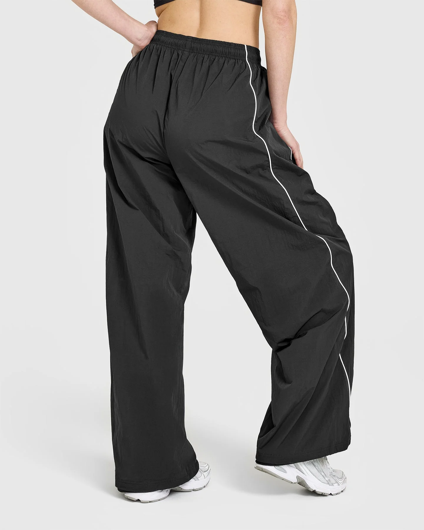 Oversized Piped Woven Straight Leg Track Bottoms | Soft Black - Image 2