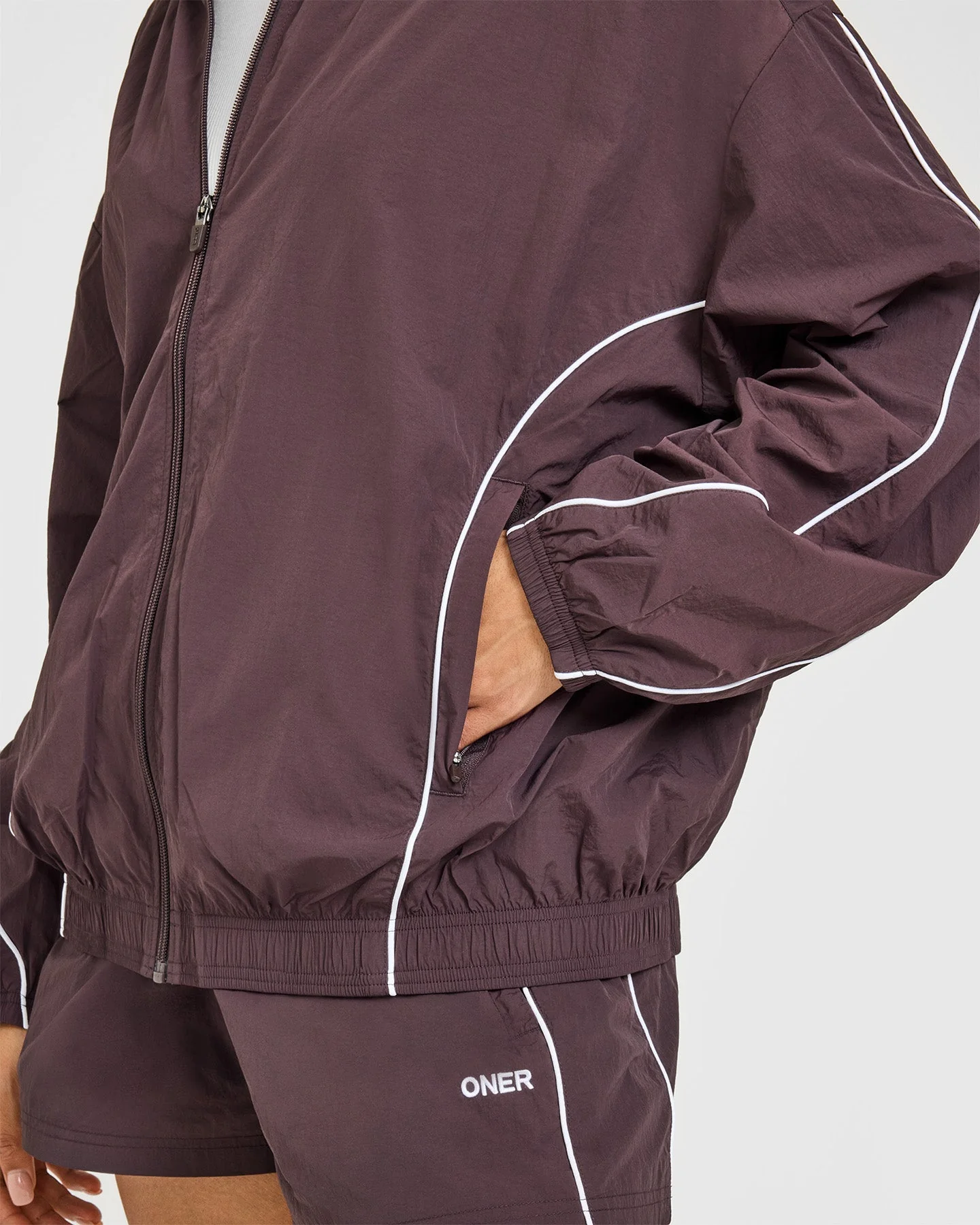 Oversized Piped Woven Track Jacket | Deep Umber Brown - Image 6