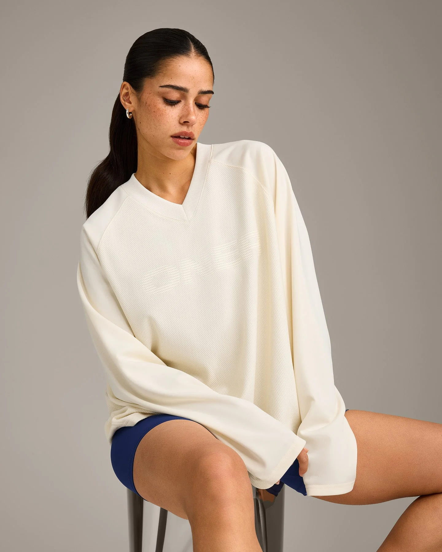 Oversized V Neck Long Sleeve T-Shirt with Oner Graphic | Off White - Image 4
