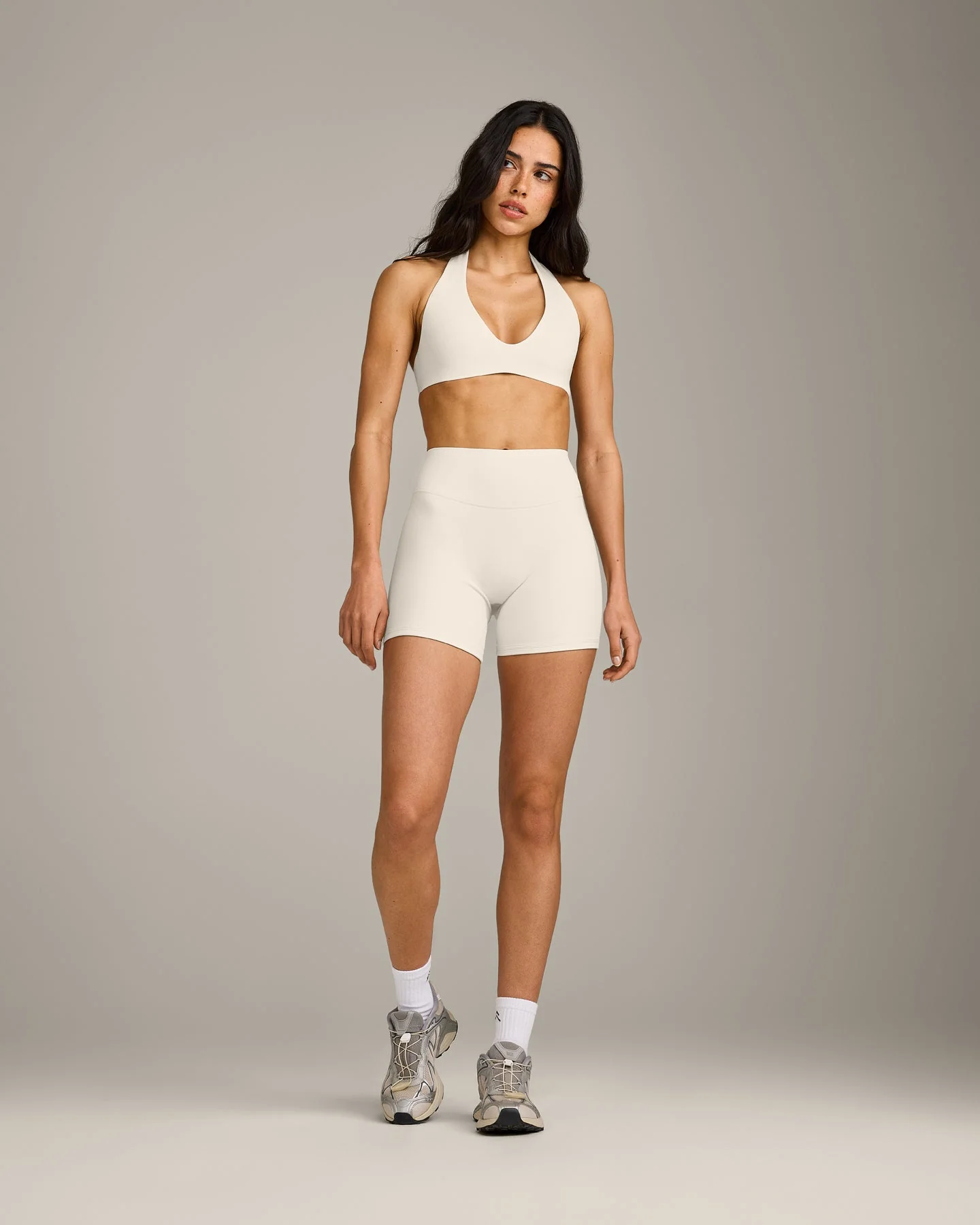 SoftMotion™ Double Layer High Waisted Shorts 6" with Grey Logo | Marshmallow White - Image 3