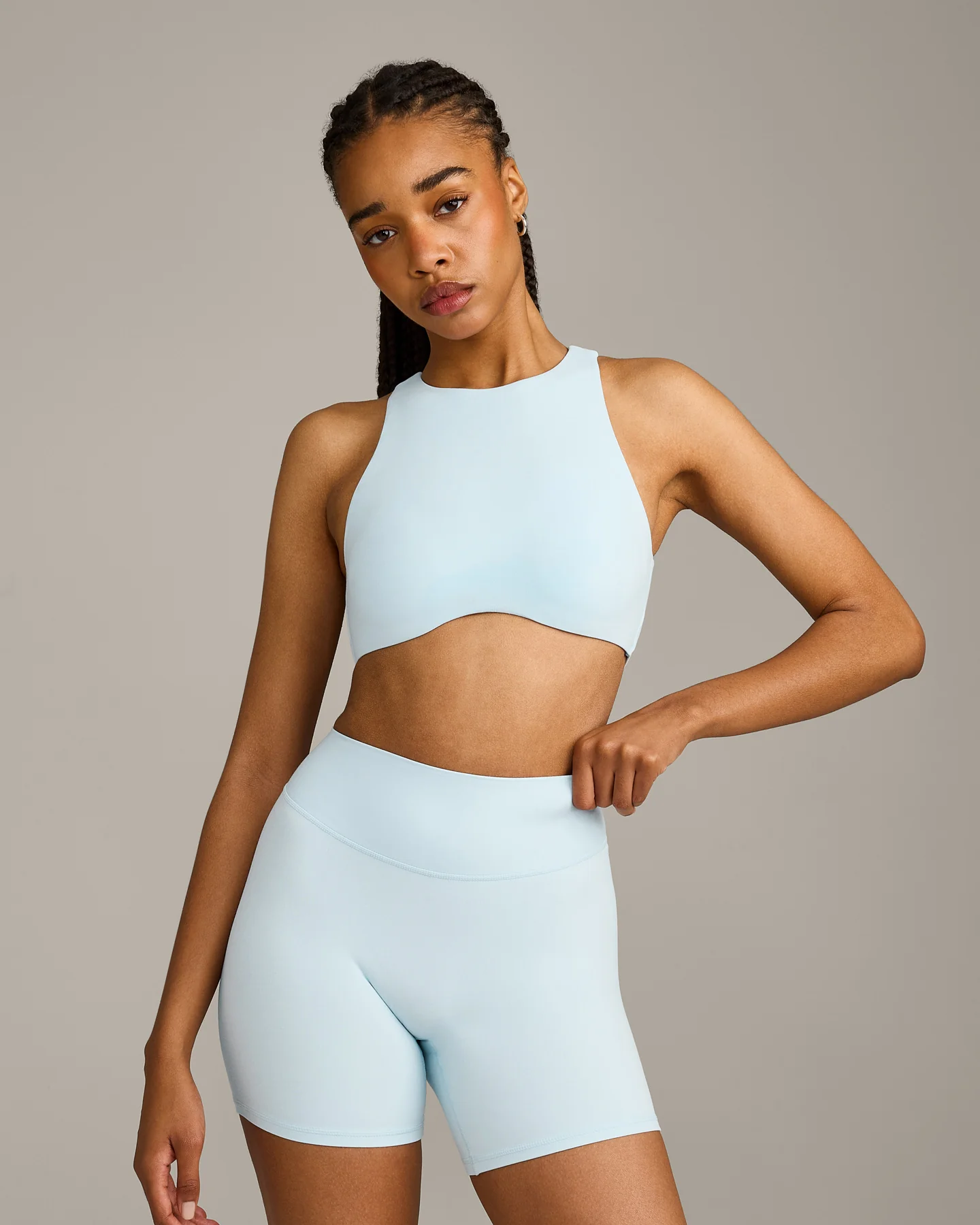SoftMotion⢠High Neck Sports Bra with Grey Logo | Cloud Blue