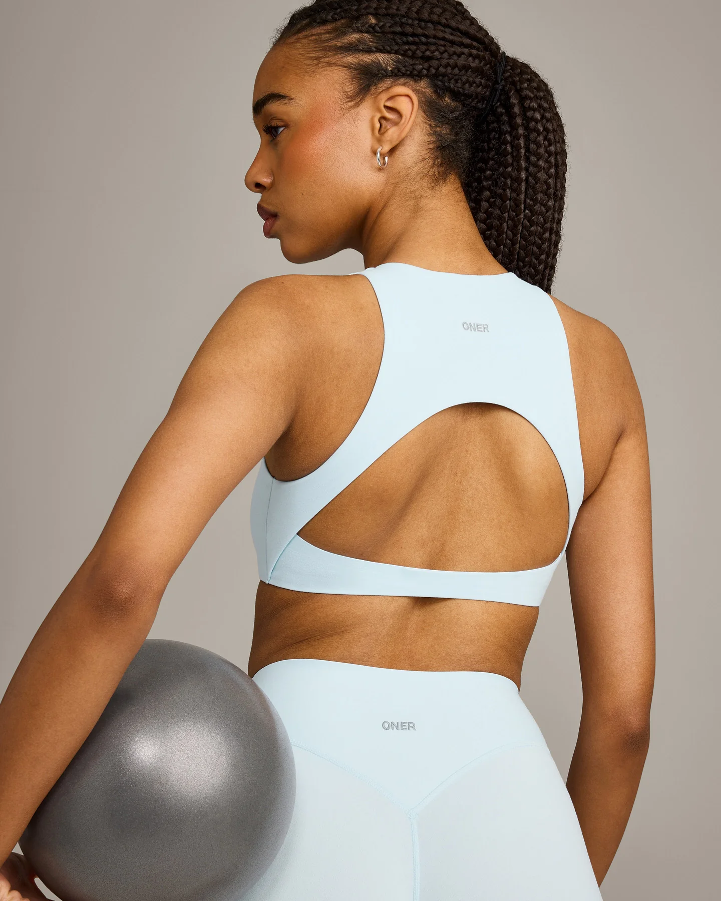SoftMotion⢠High Neck Sports Bra with Grey Logo | Cloud Blue - Image 4