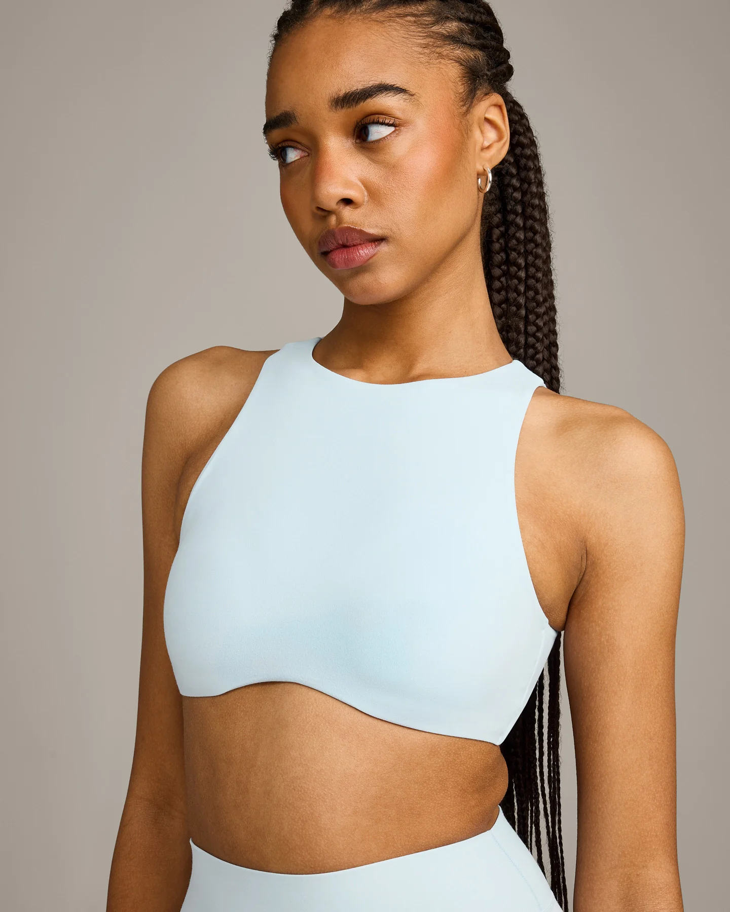 SoftMotion⢠High Neck Sports Bra with Grey Logo | Cloud Blue - Image 5