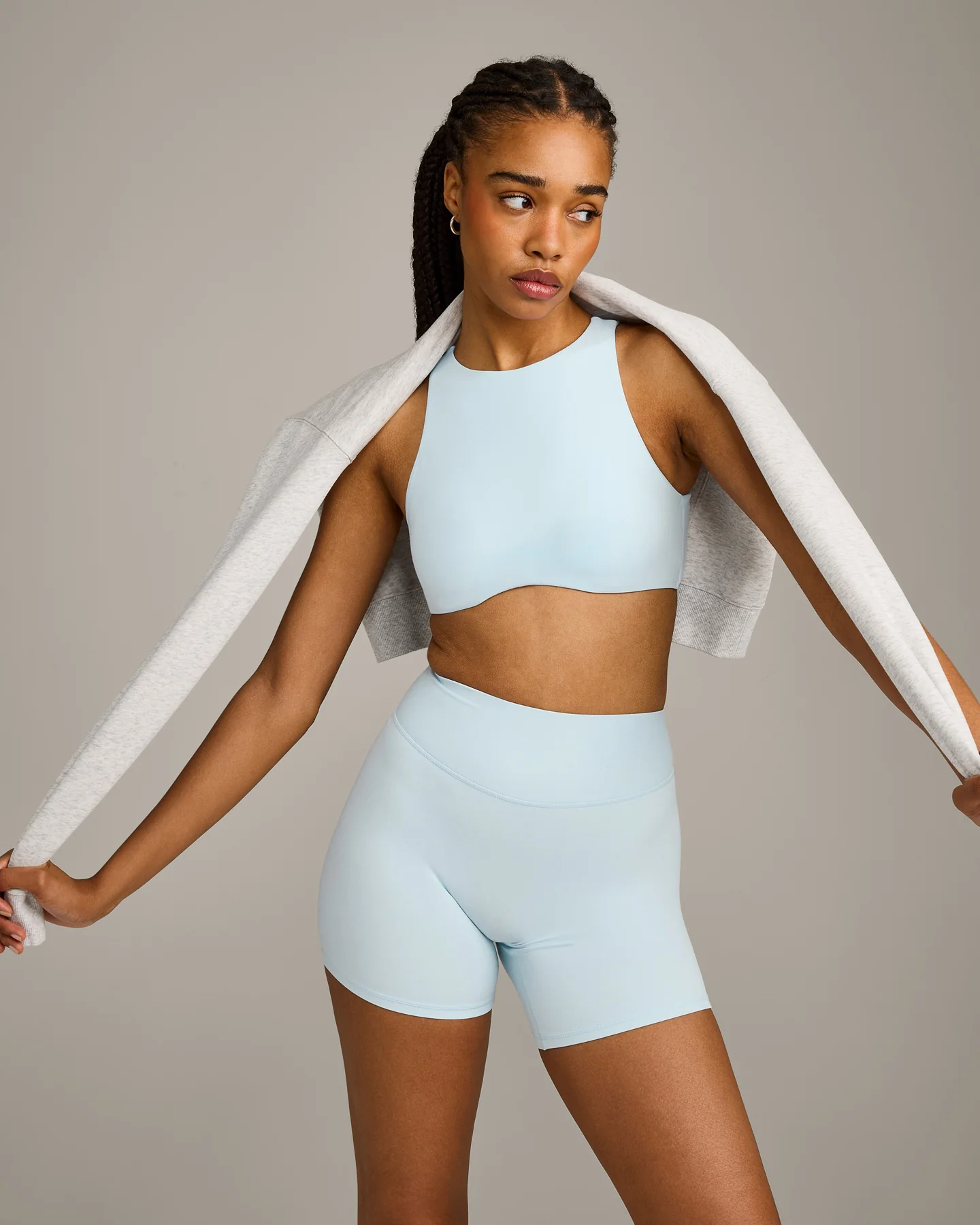SoftMotion⢠High Neck Sports Bra with Grey Logo | Cloud Blue - Image 6