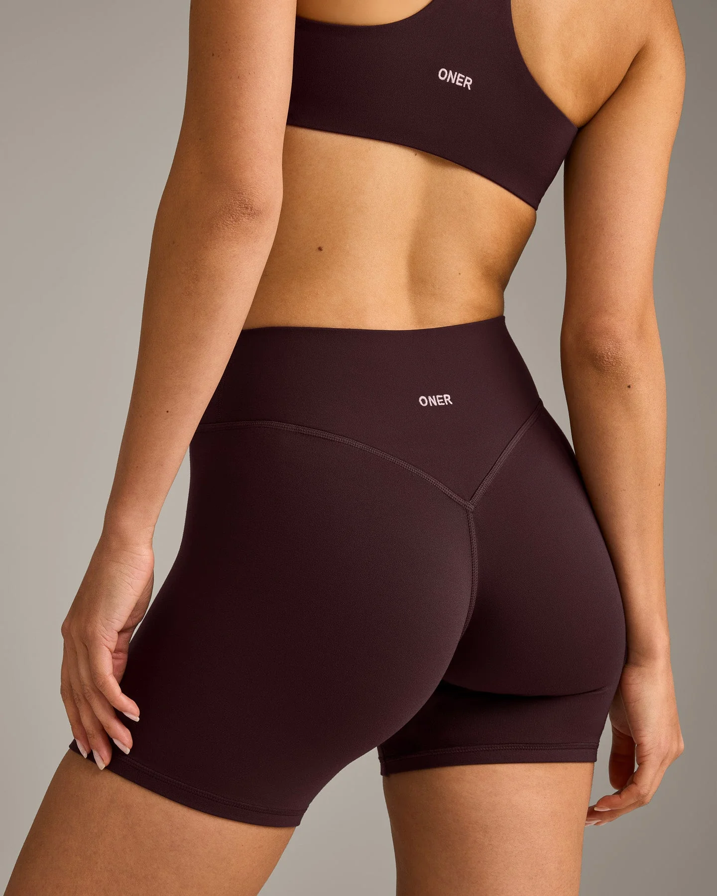 SoftMotion™ High Waisted Shorts 6" with Grey Logo | Plum Brown - Image 4