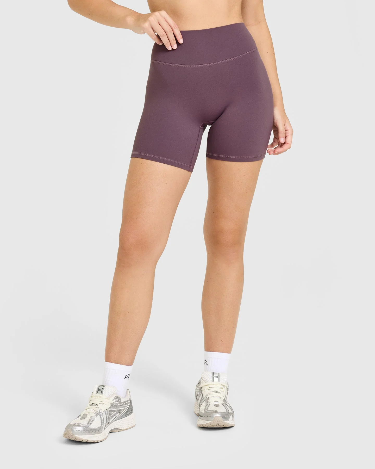 SoftMotion™ High Waisted Shorts 6" with White Logo | Vintage Purple - Image 6