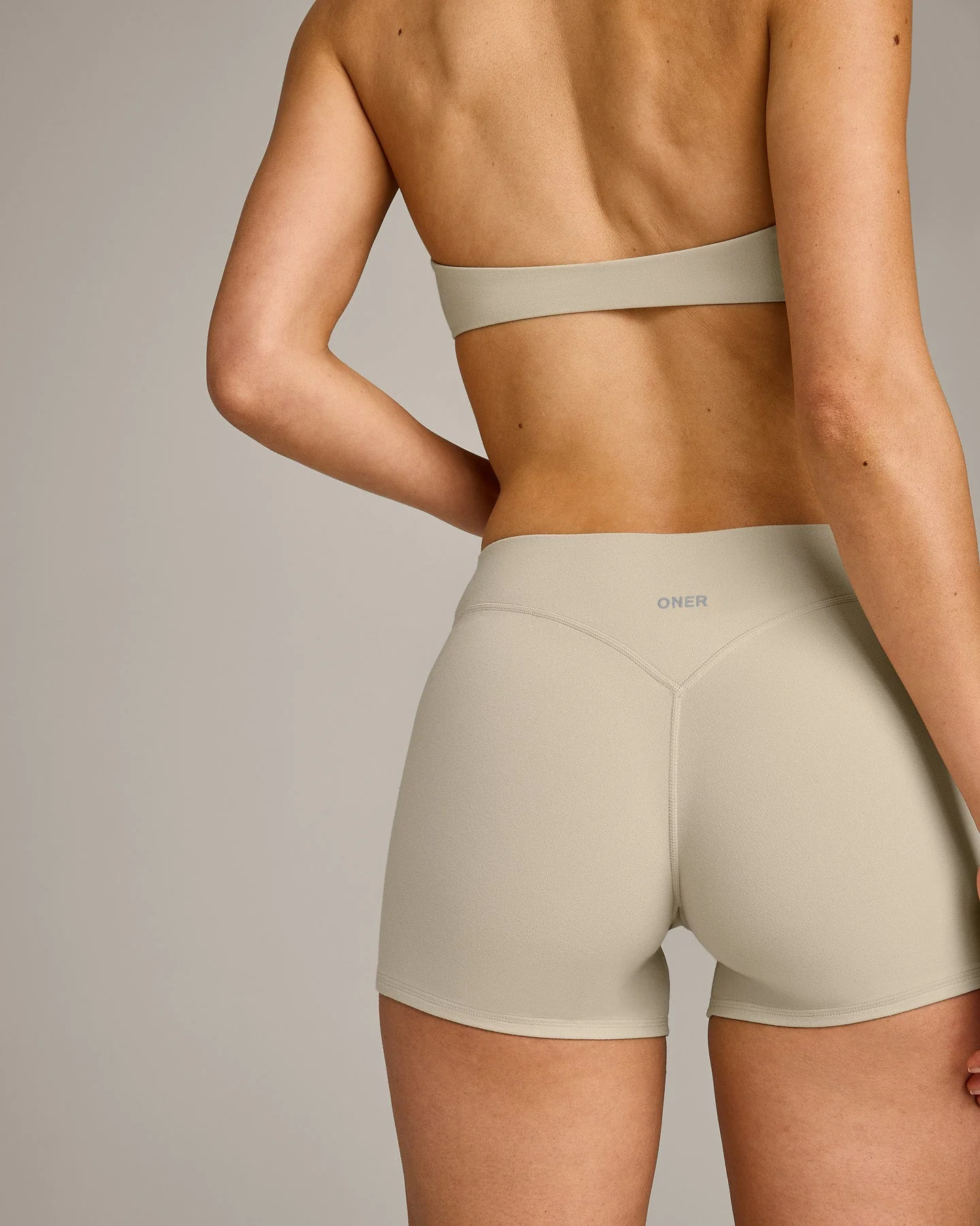 SoftMotion™ Mid Rise Shorts 4" with Grey Logo | Oatmeal - Image 5
