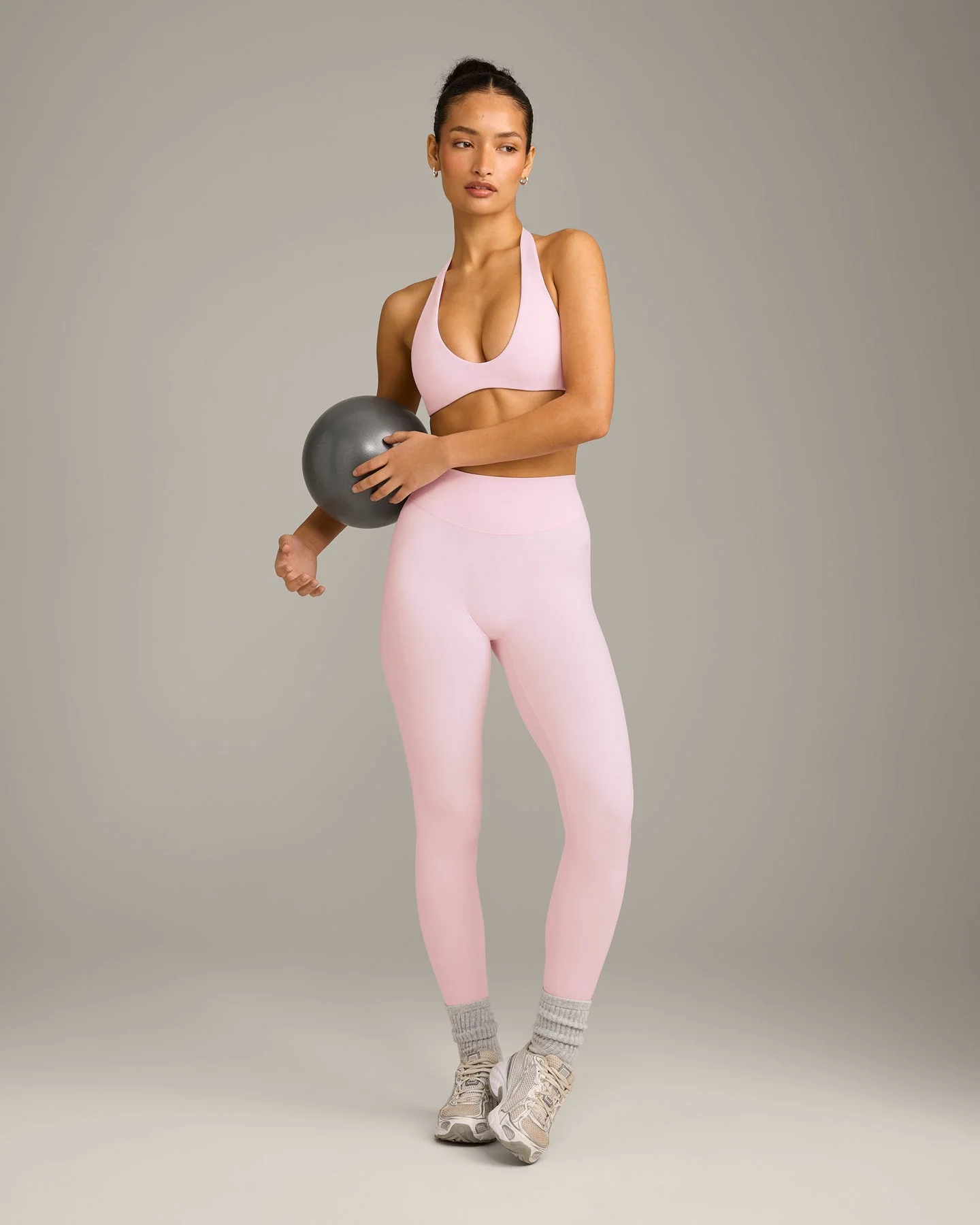 SoftMotion™ Minimal Halter Neck Bralette with Grey Logo | Soft Girl Pink - Image 3