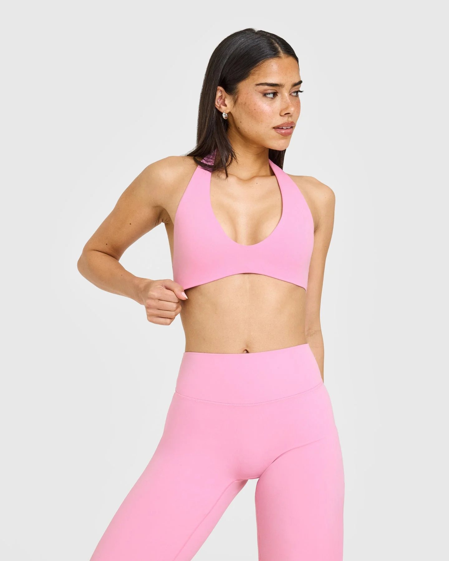 SoftMotion™ Minimal Halter Neck Bralette with White Logo | Rose Pink