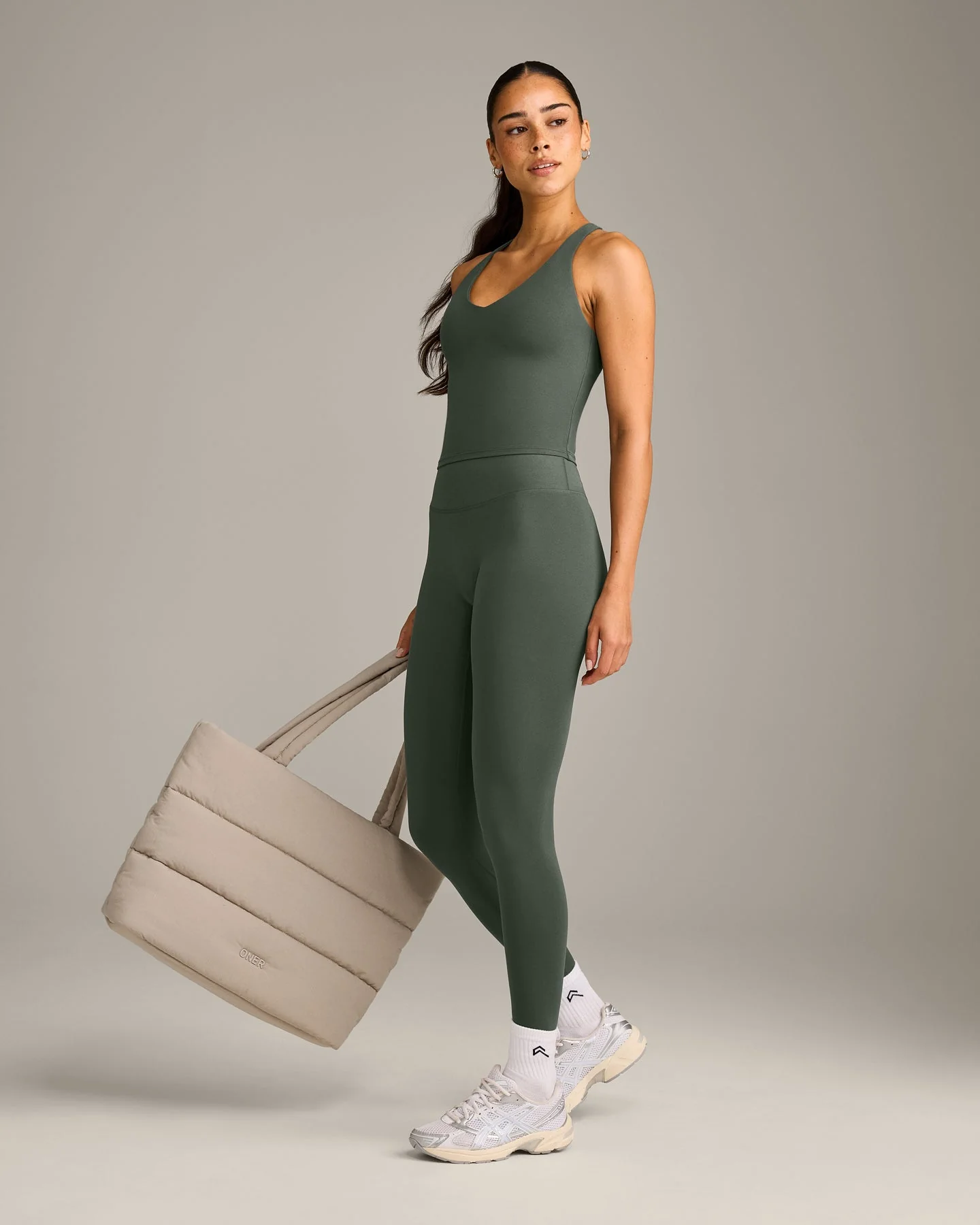 SoftMotion™ Racer Back Mid Vest with Built in Bra Shelf with Grey Logo | Dark Khaki - Image 3