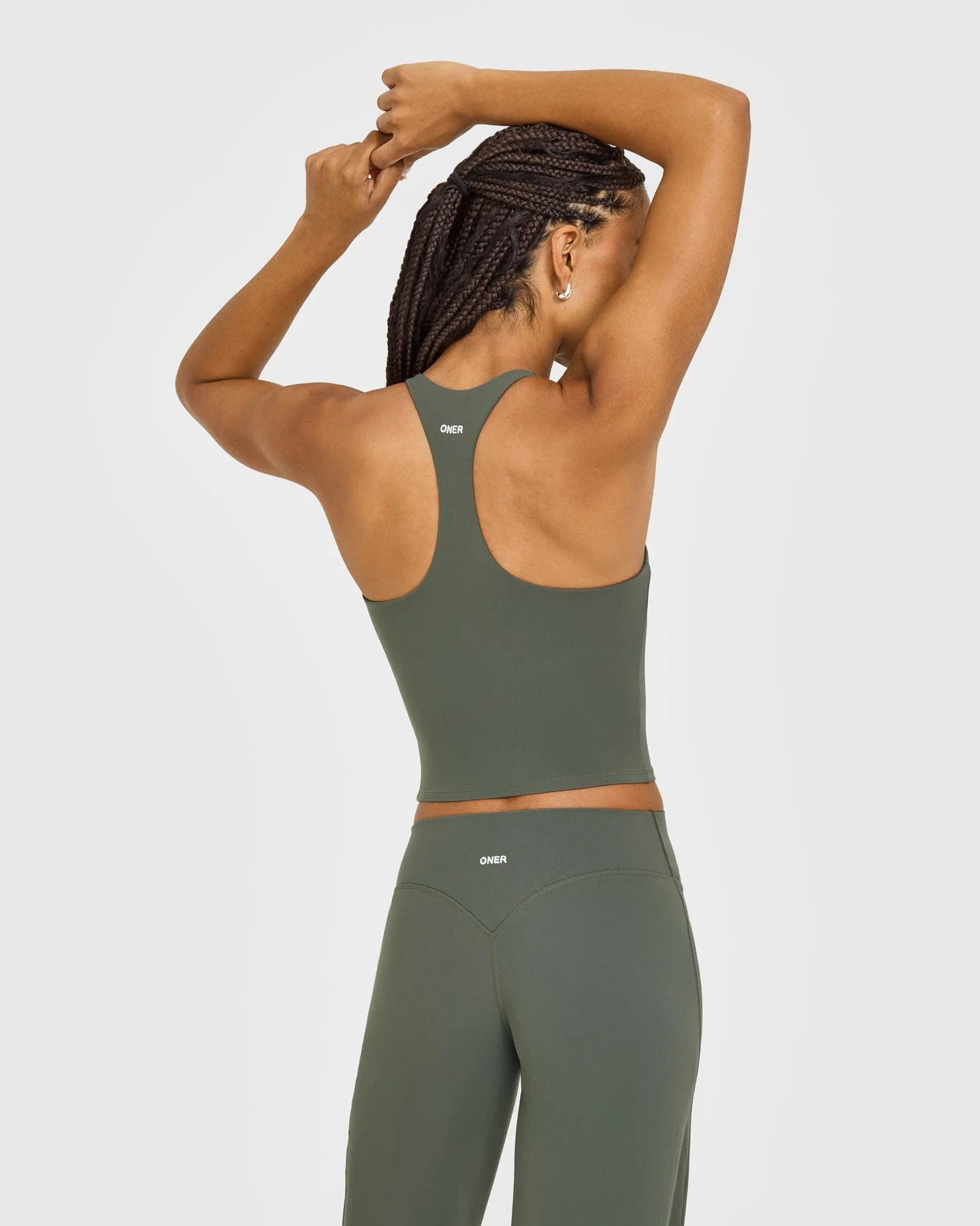 SoftMotion™ Racer Back Mid Vest with Built in Bra Shelf with White Logo | Dark Khaki - Image 2