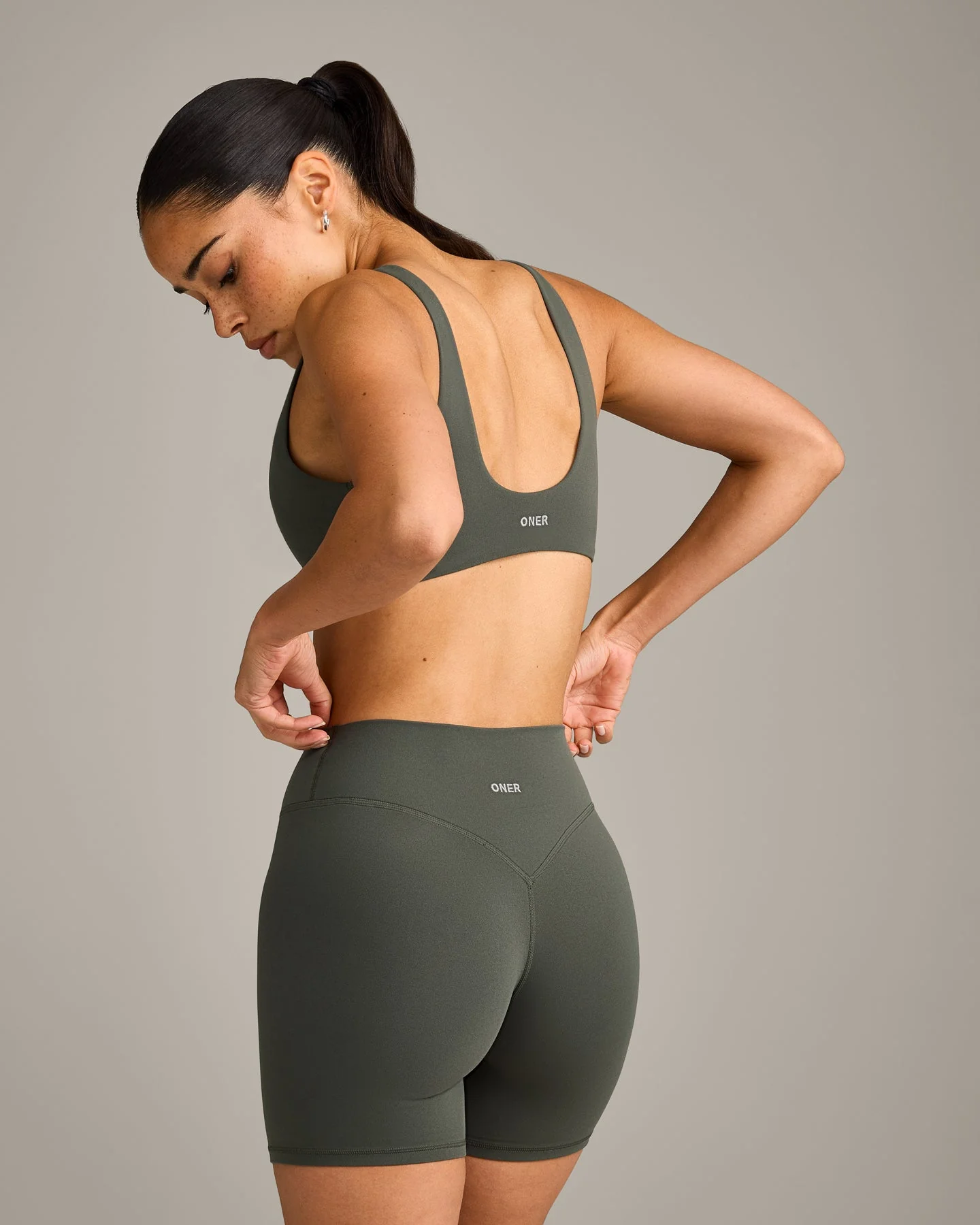 SoftMotion™ Scoop Back Bralette with Grey Logo | Dark Khaki - Image 6