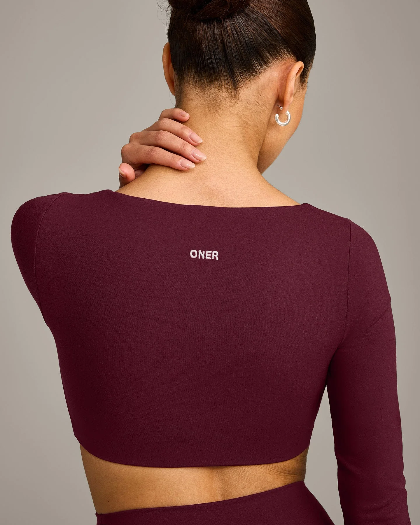 SoftMotion™ Scoop Neck Long Sleeve Crop Top with Built in Bra Shelf with Grey Logo | Cherry Lacquer Purple - Image 4