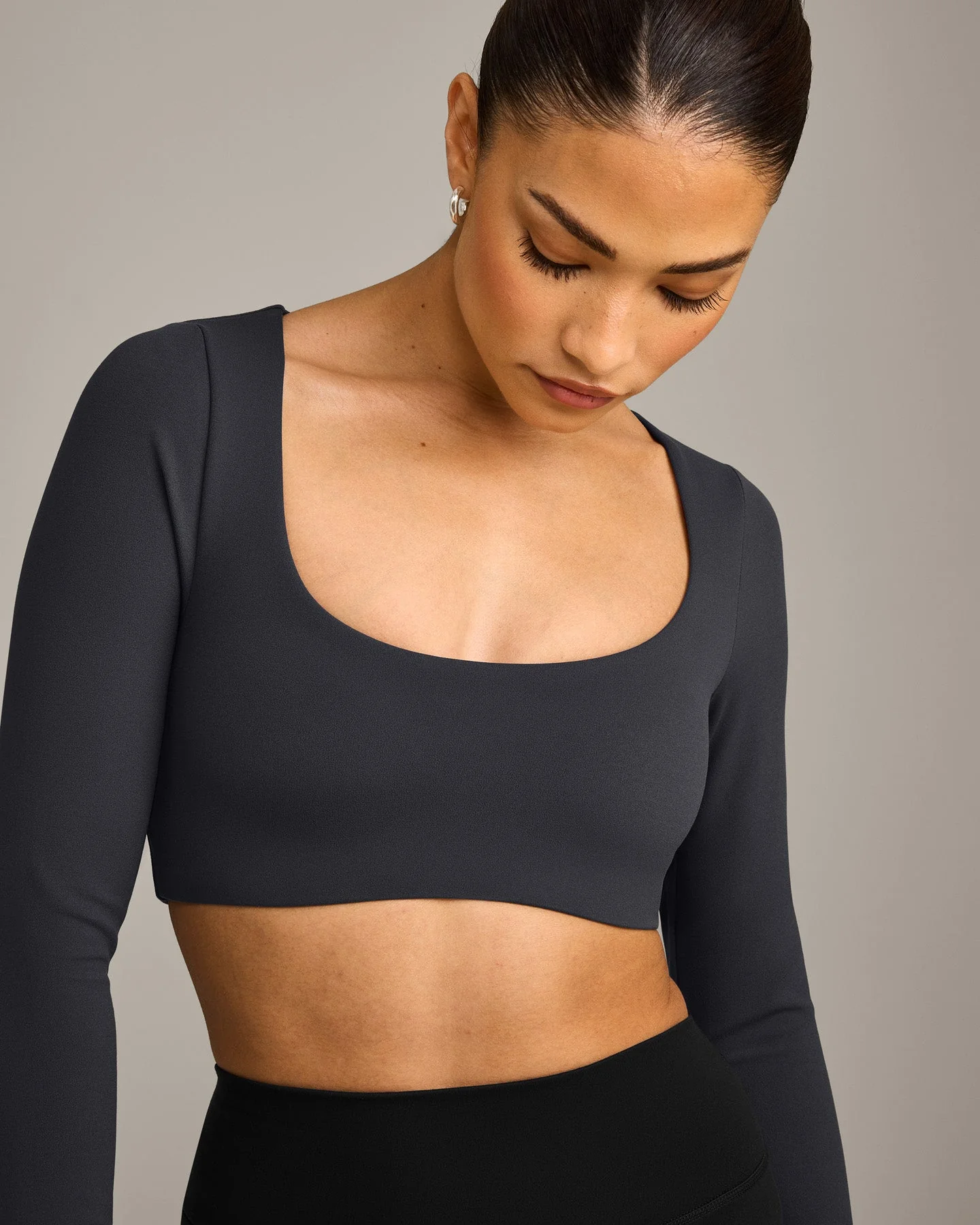 SoftMotion™ Scoop Neck Long Sleeve Crop Top with Built in Bra Shelf with Grey Logo | Coal - Image 5