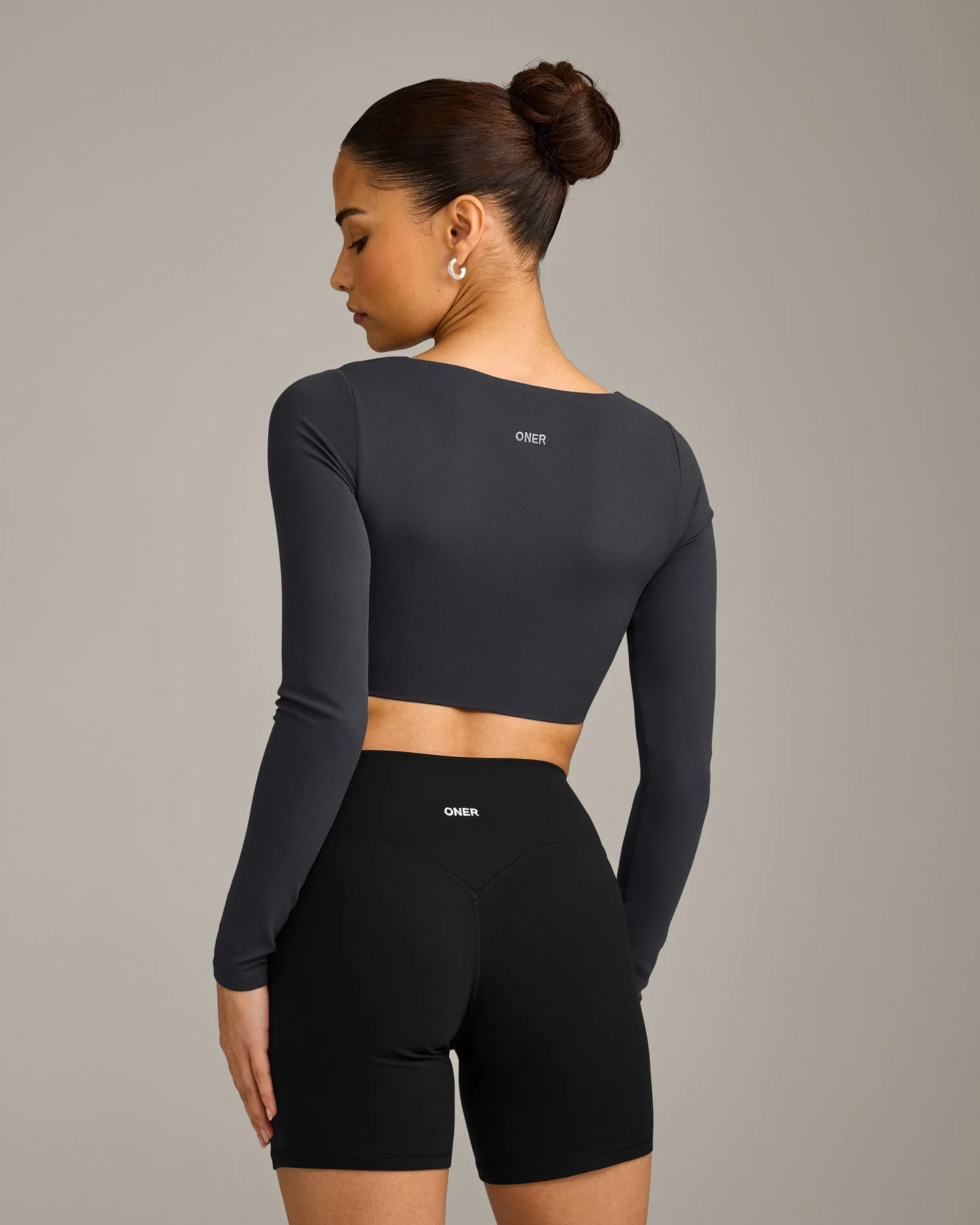 SoftMotion™ Scoop Neck Long Sleeve Crop Top with Built in Bra Shelf with Grey Logo | Coal - Image 6
