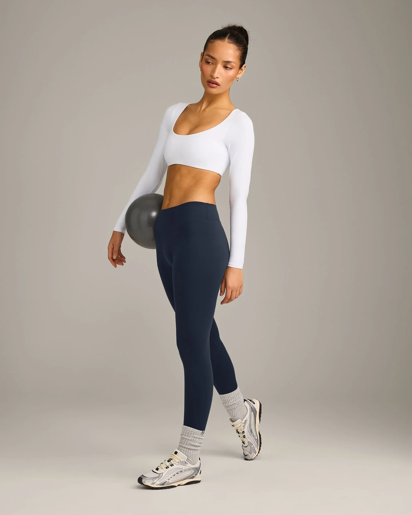 SoftMotion™ Scoop Neck Long Sleeve Crop Top with Built in Bra Shelf with Grey Logo | White - Image 3