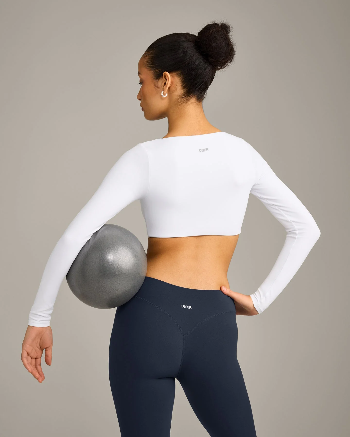 SoftMotion™ Scoop Neck Long Sleeve Crop Top with Built in Bra Shelf with Grey Logo | White - Image 5