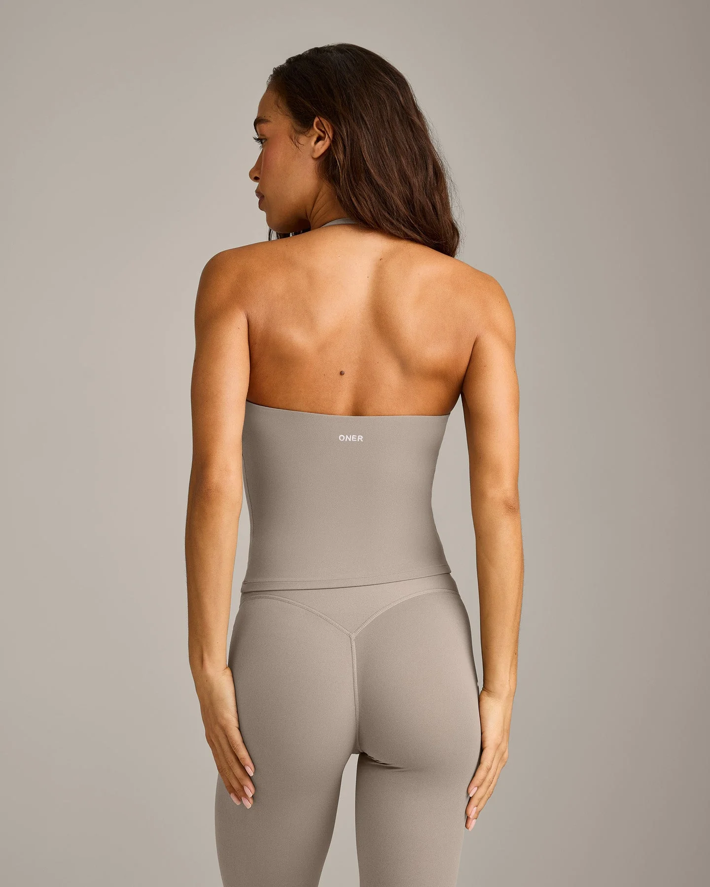 SoftMotion™ Strappy Halter Neck Vest with Built in Bra Shelf with White Logo | Warm Sand - Image 6