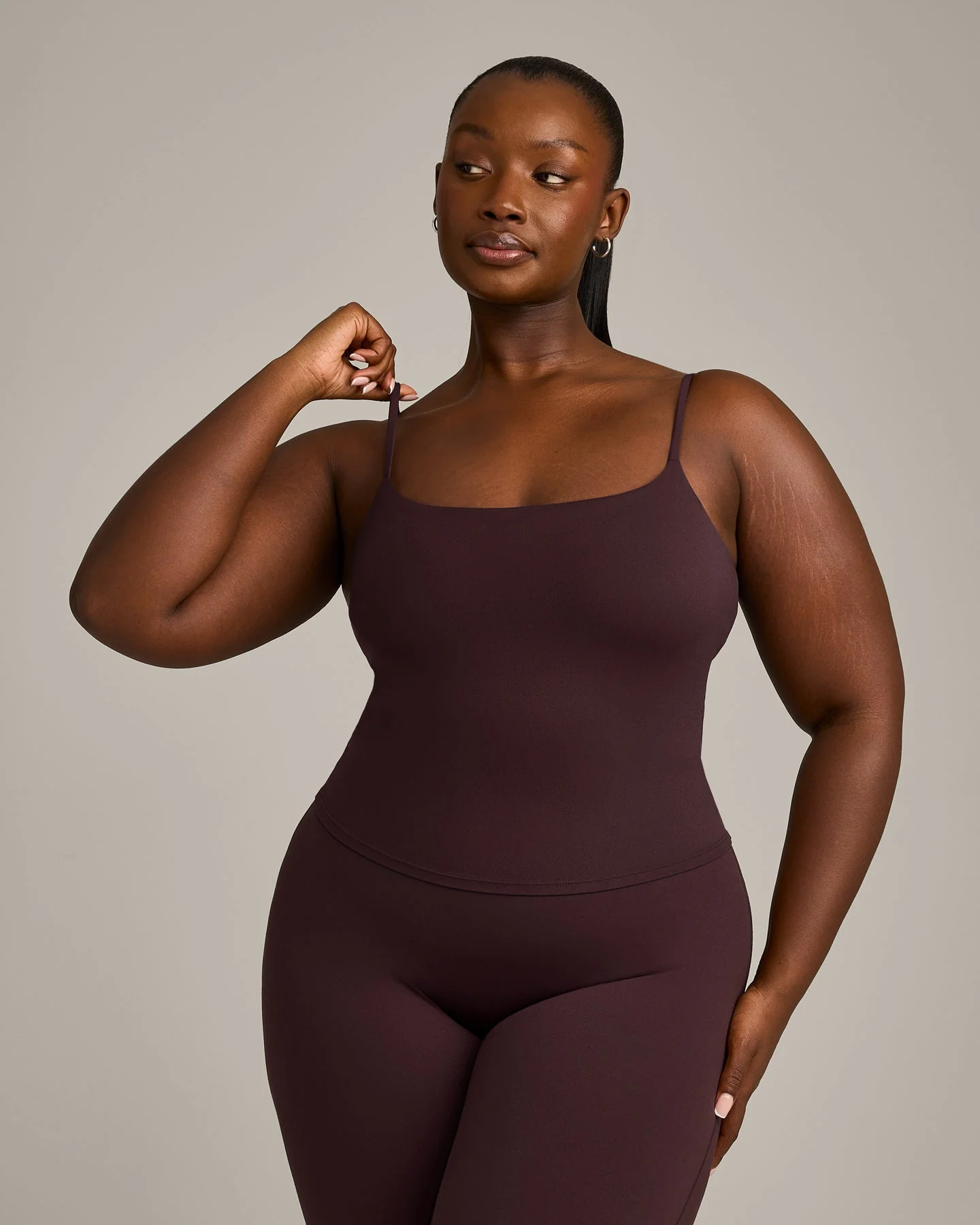 SoftMotion™ Strappy Mid Vest with Built in Bra Shelf with Grey Logo | Plum Brown