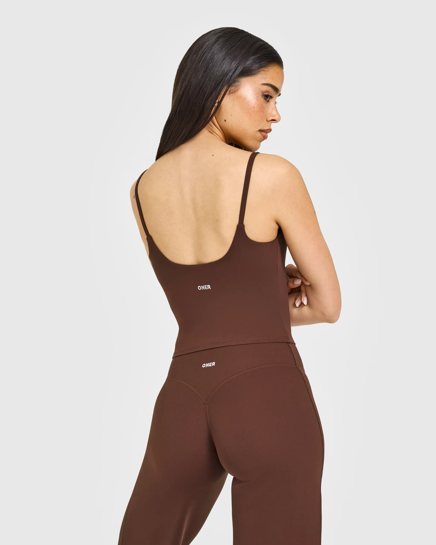 SoftMotion™ Strappy Mid Vest with Built in Bra Shelf with White Logo | Espresso Brown - Image 6
