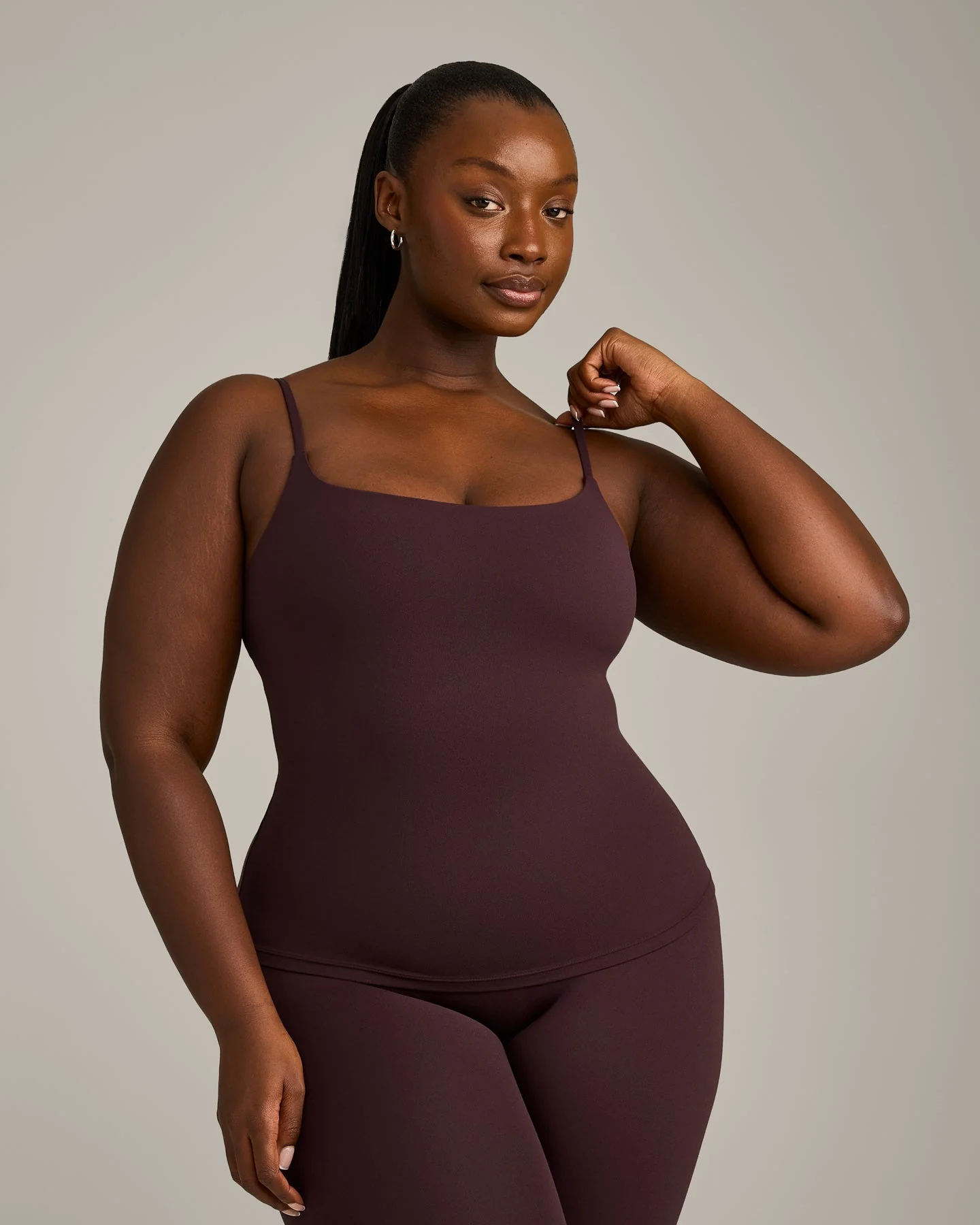 SoftMotion™ Strappy Vest with Built in Bra Shelf with Grey Logo | Plum Brown