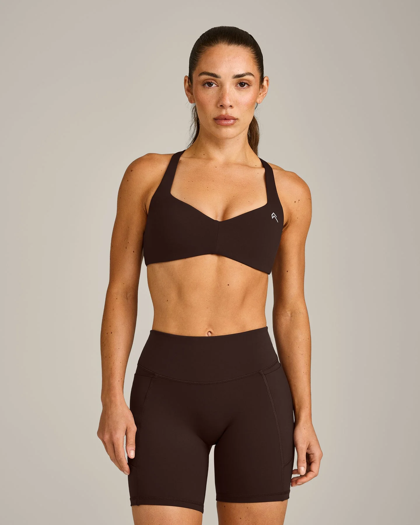 UnifiedMove™ T Back Minimal Bralette with Reflective Logo | 70% Cocoa